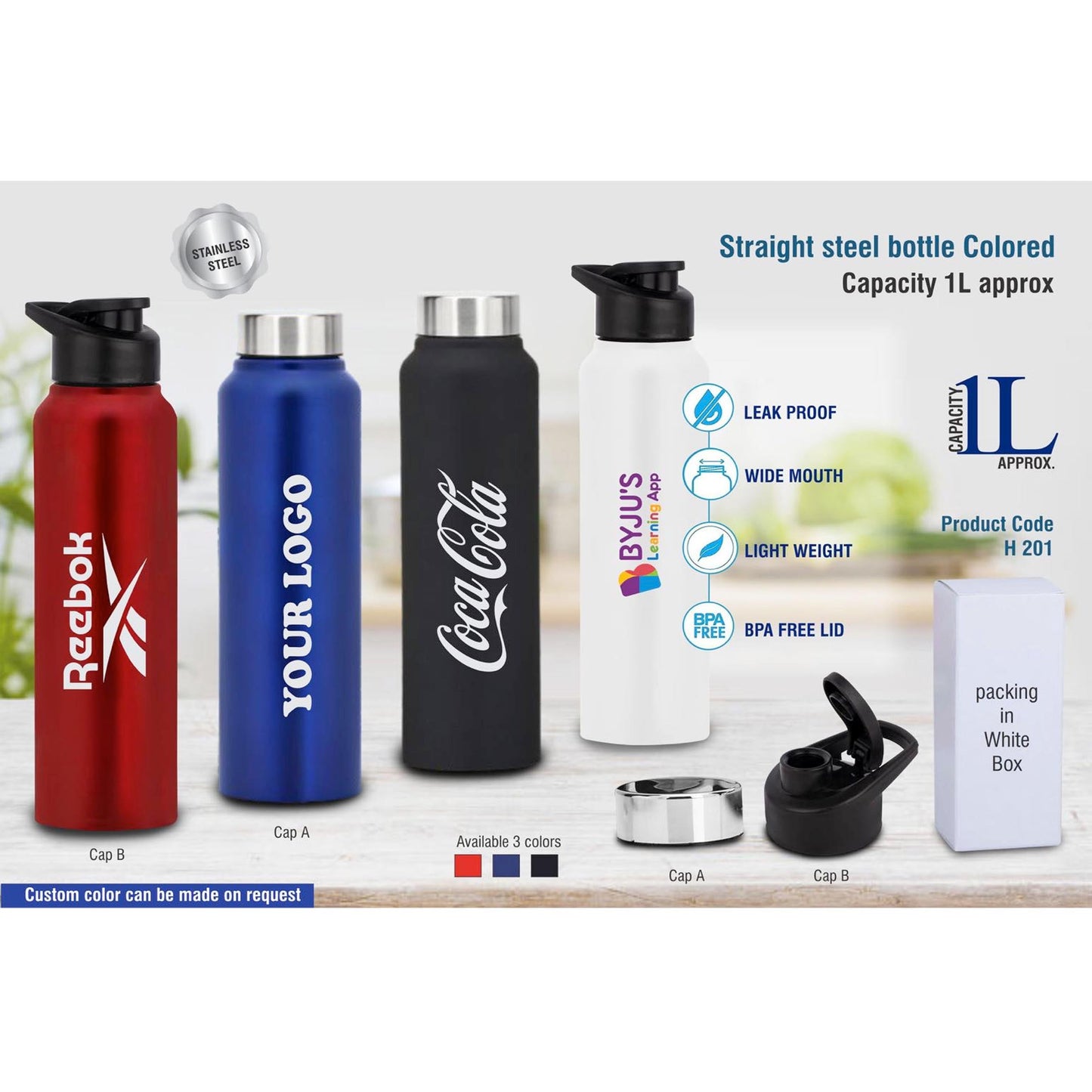 Straight steel bottle Colored - H 201
