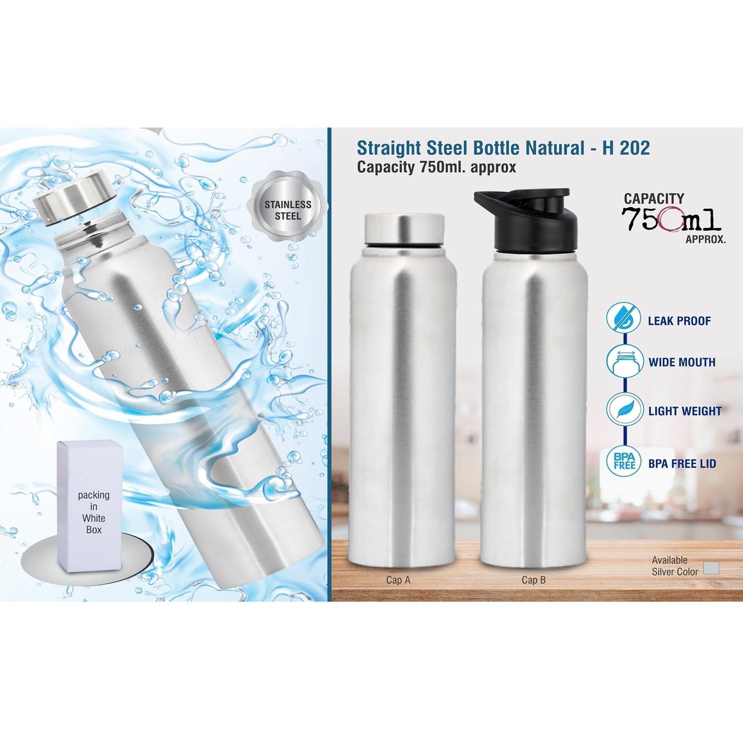 Straight steel bottle Natural - H 202