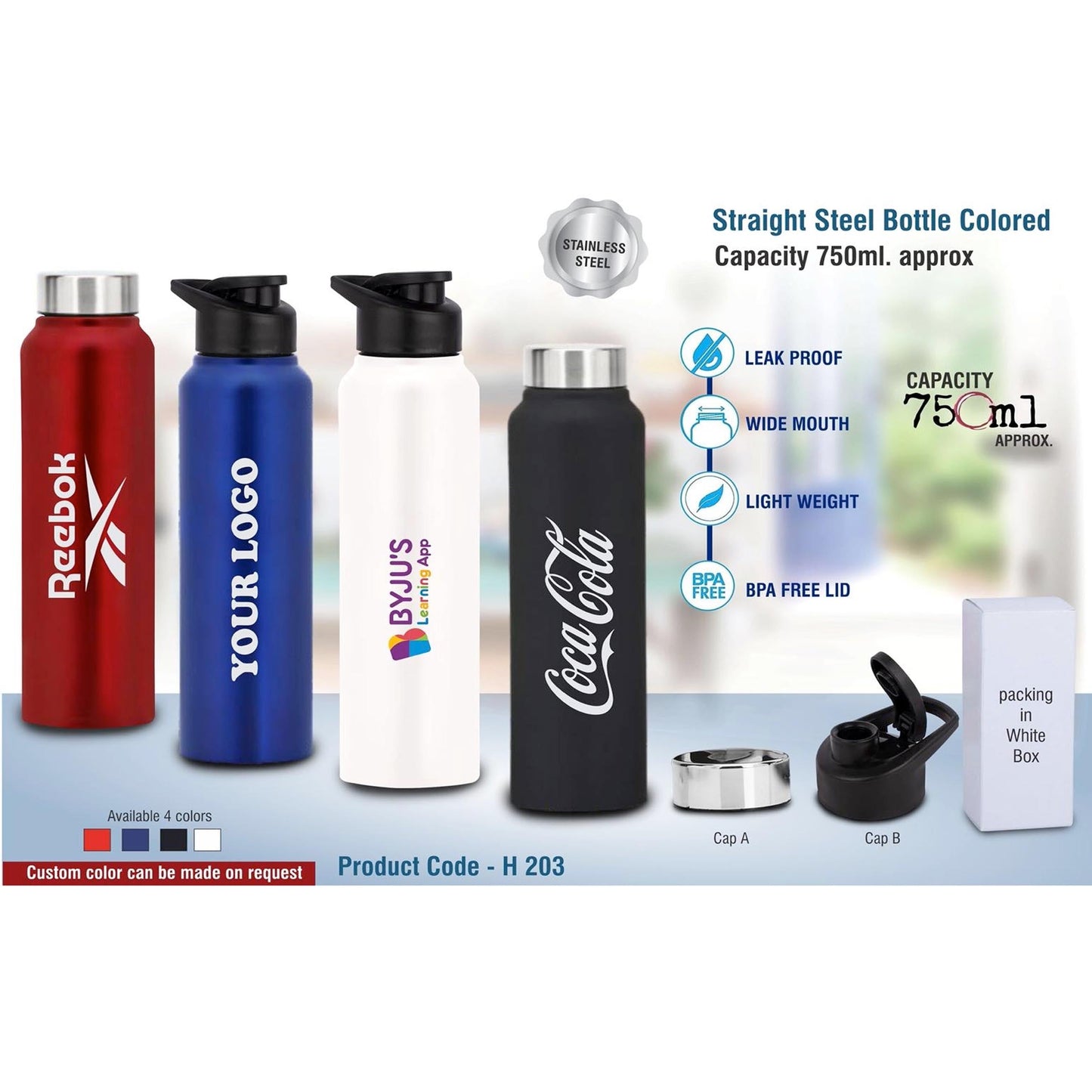 Straight steel bottle Colored | Capacity 750ml approx - H 203