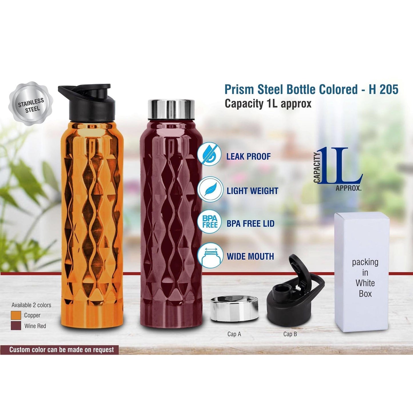 Prism steel bottle Colored | Capacity 1L approx - H 205