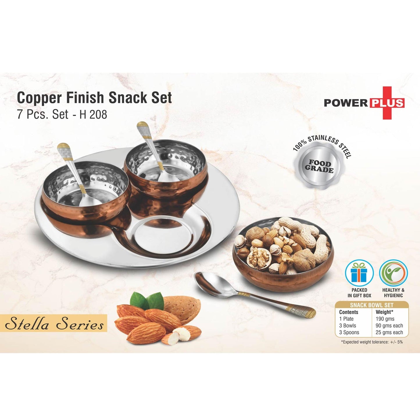 7 pc Copper finish Snack set | 3 Snack bowls with spoons & Serving tray - H 208