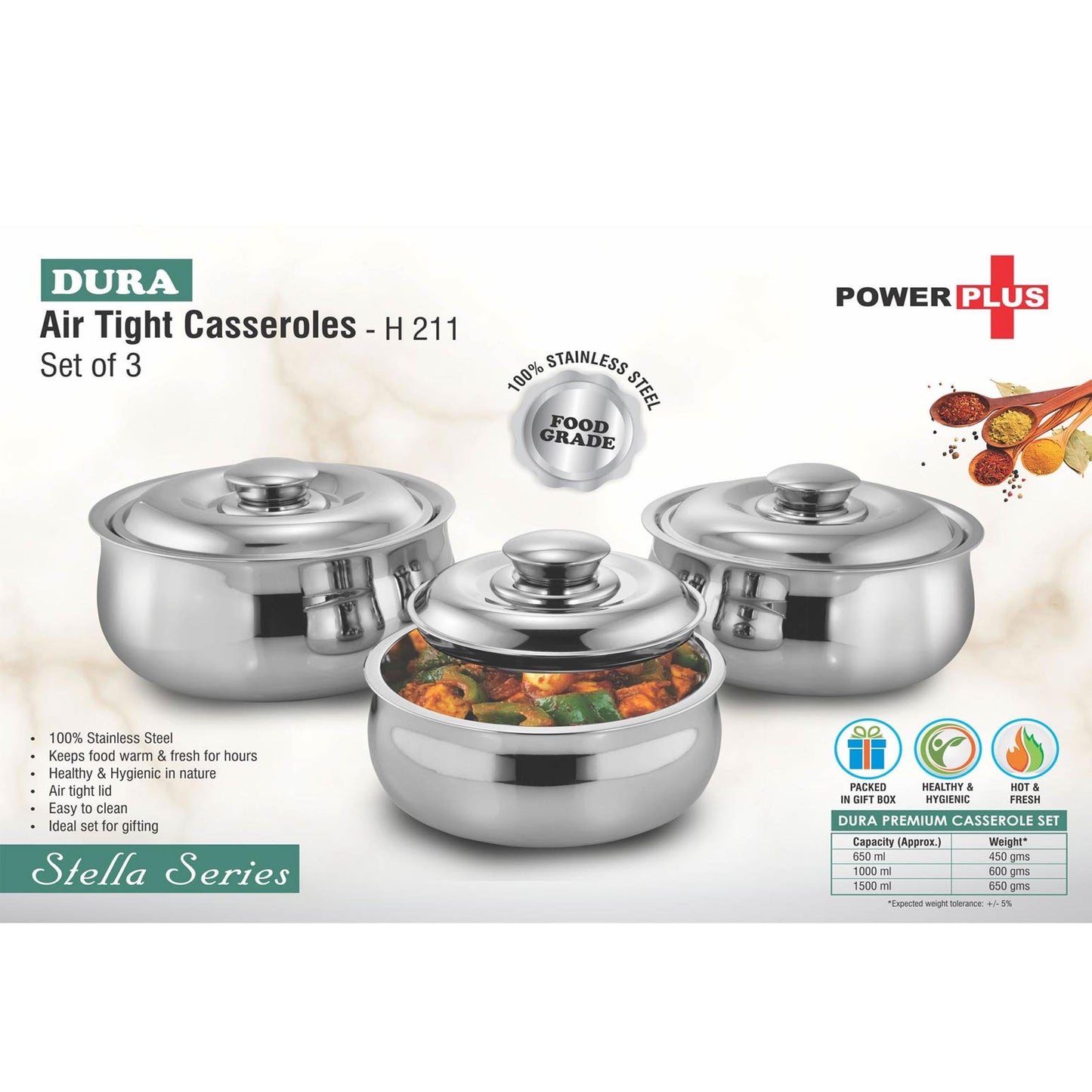 Dura Premium Stainless steel Air tight Casserole Set of 3 | Capacity: 650ml, 1L and 1.5L Approx - H 211