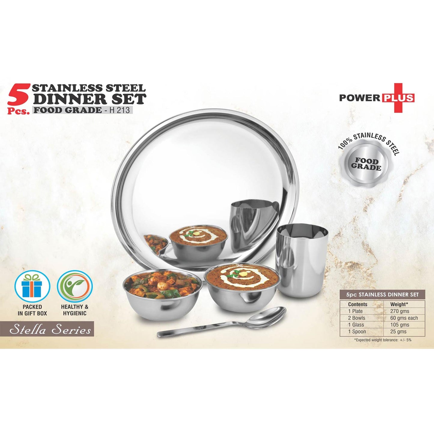 5 pc Stainless Steel Dinner set | Set of 1 Plate, 2 bowls, 1 glass and 1 spoon- H 213
