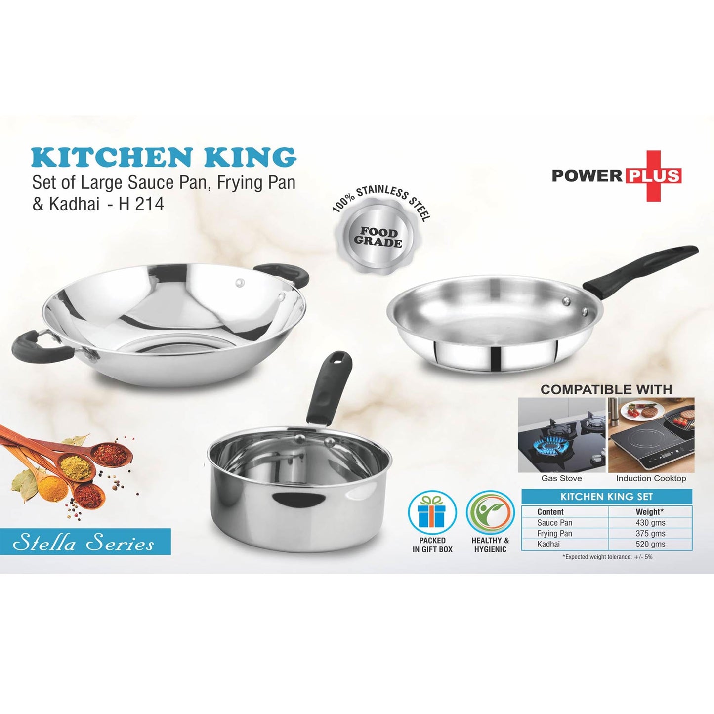 Kitchen King: Set of Large Sauce Pan, Frying Pan and Kadhai in Gift box | Made of Stainless Steel - H 214
