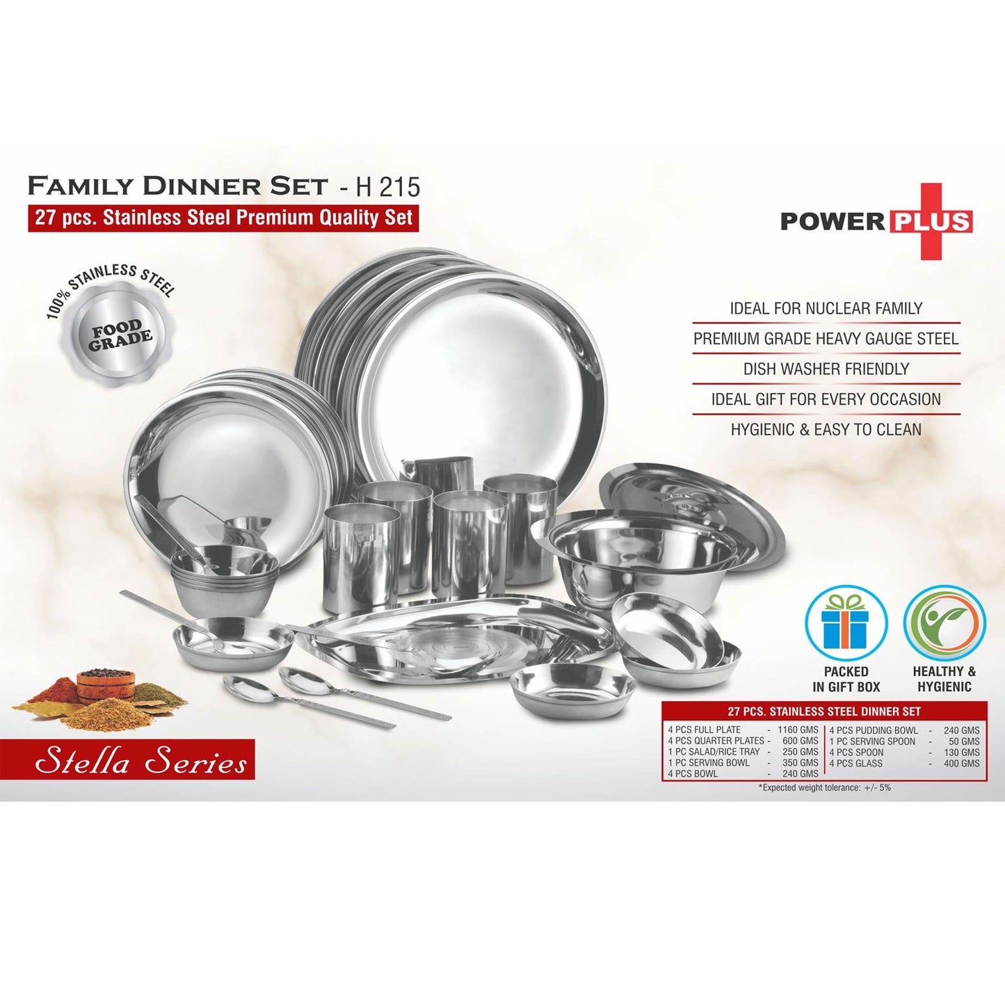 Family Dinner Set: 27 pc Stainless Steel Premium Quality set - H 215
