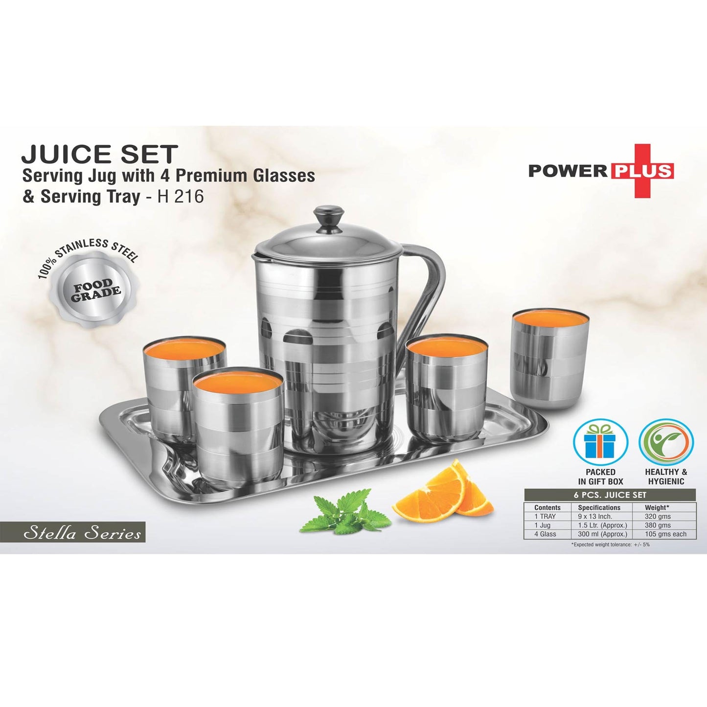 Juice Set: Stainless Steel serving Jug with 4 Premium glasses and Serving Tray - H 216