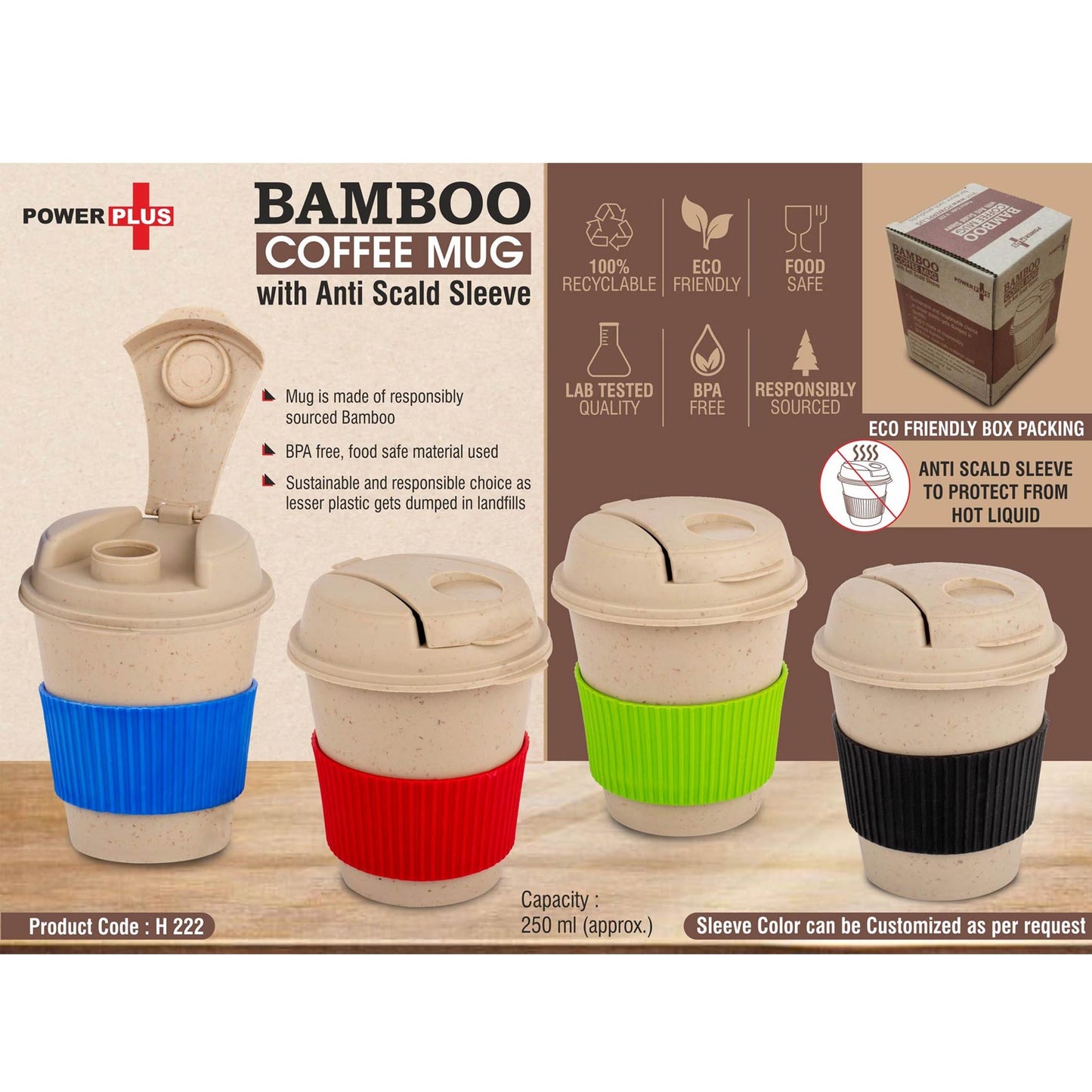 Bamboo Coffee mug: Eco friendly mug with flip top Lid and Anti-Scald sleeve | Capacity 250 ml - H 222