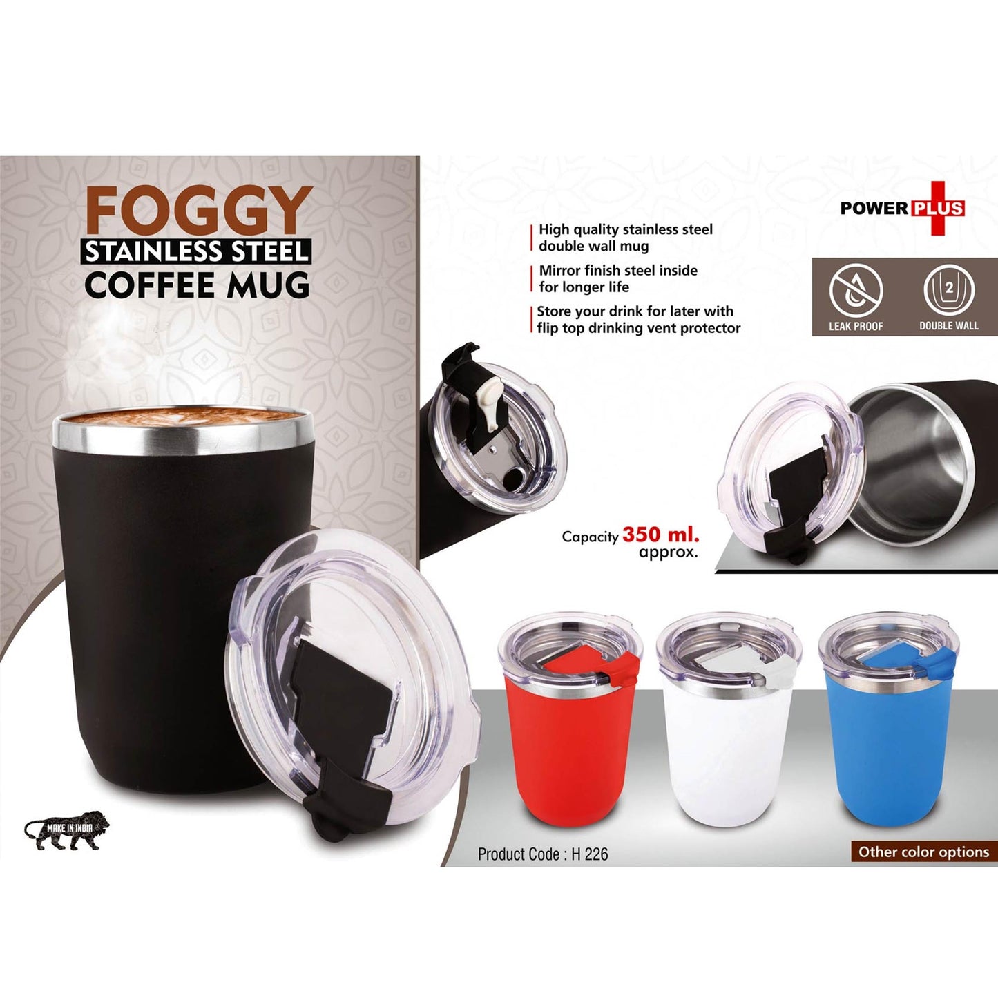 Foggy: Stainless Steel coffee mug | Premium clear cap with flip top lid | Leakproof | Capacity 350ml - H 226