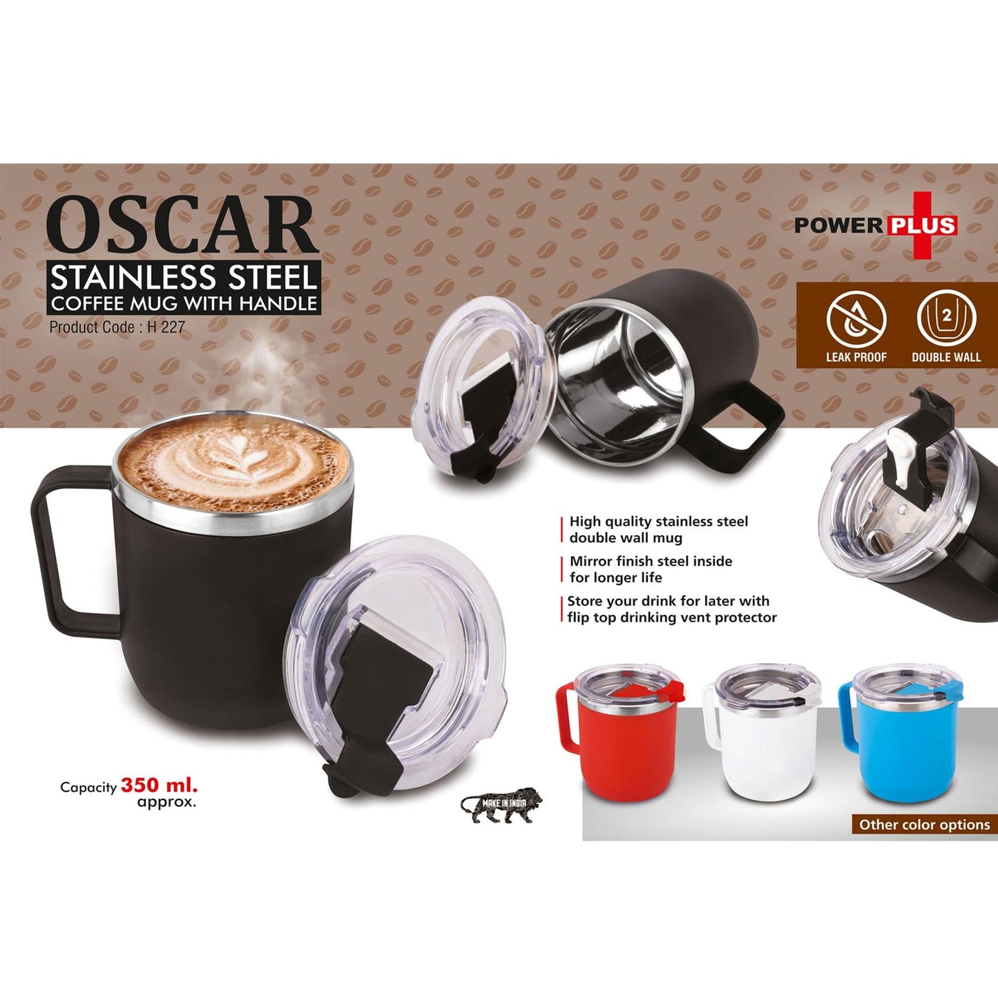 Oscar: Stainless Steel coffee mug with handle Premium clear cap with flip top lid | Leakproof | Capacity 350ml approx - H 227