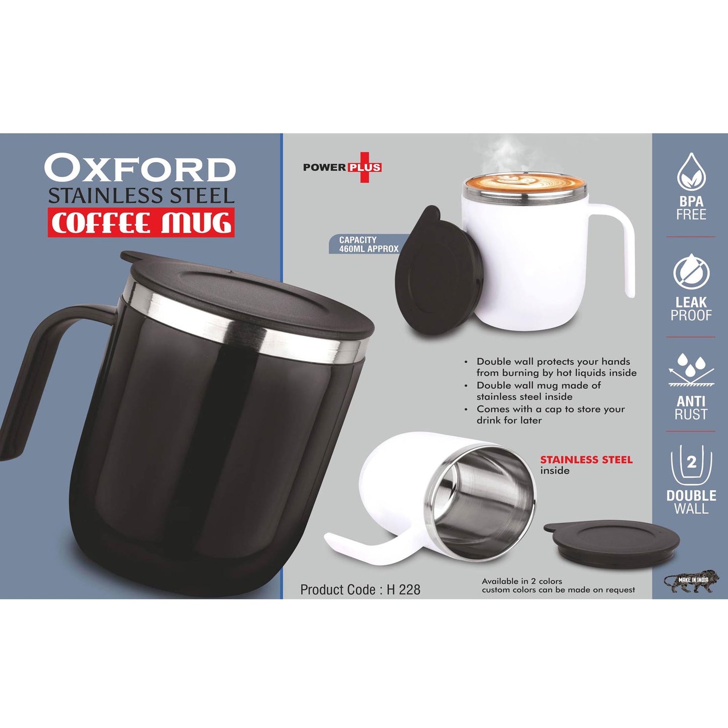 Oxford: Stainless Steel Double wall Coffee mug with Round handle | Leakproof | Capacity 460ml approx- H 228