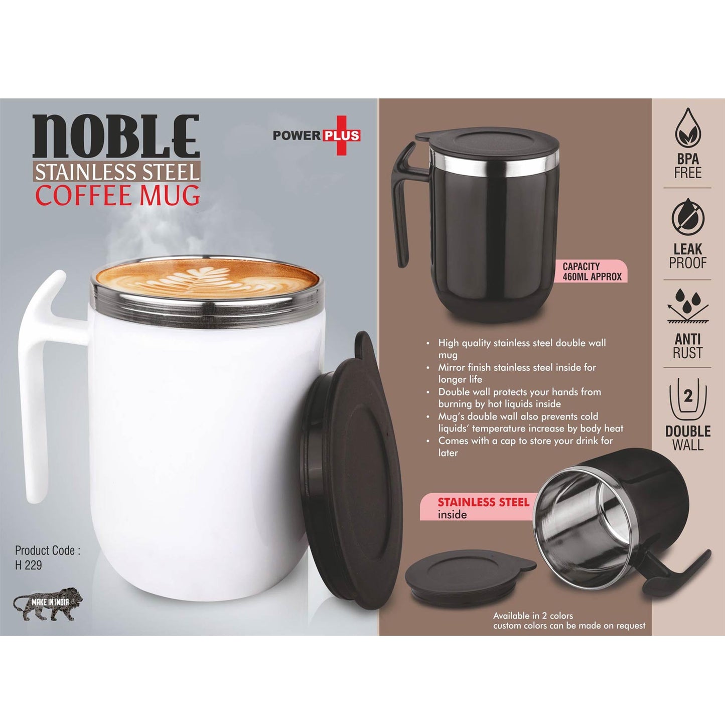Noble: Stainless Steel Double wall Coffee mug with Pointy handle| Leakproof | Capacity 460ml approx- H 229