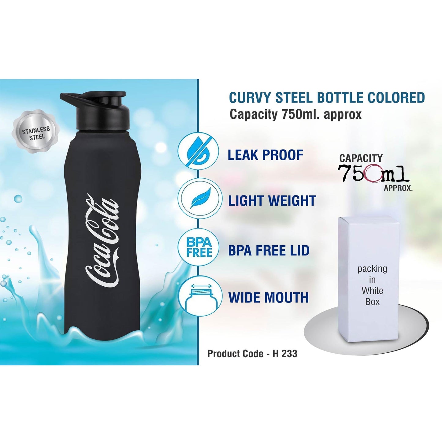 Curvy steel bottle Colored | Capacity 750ml approx - H 233