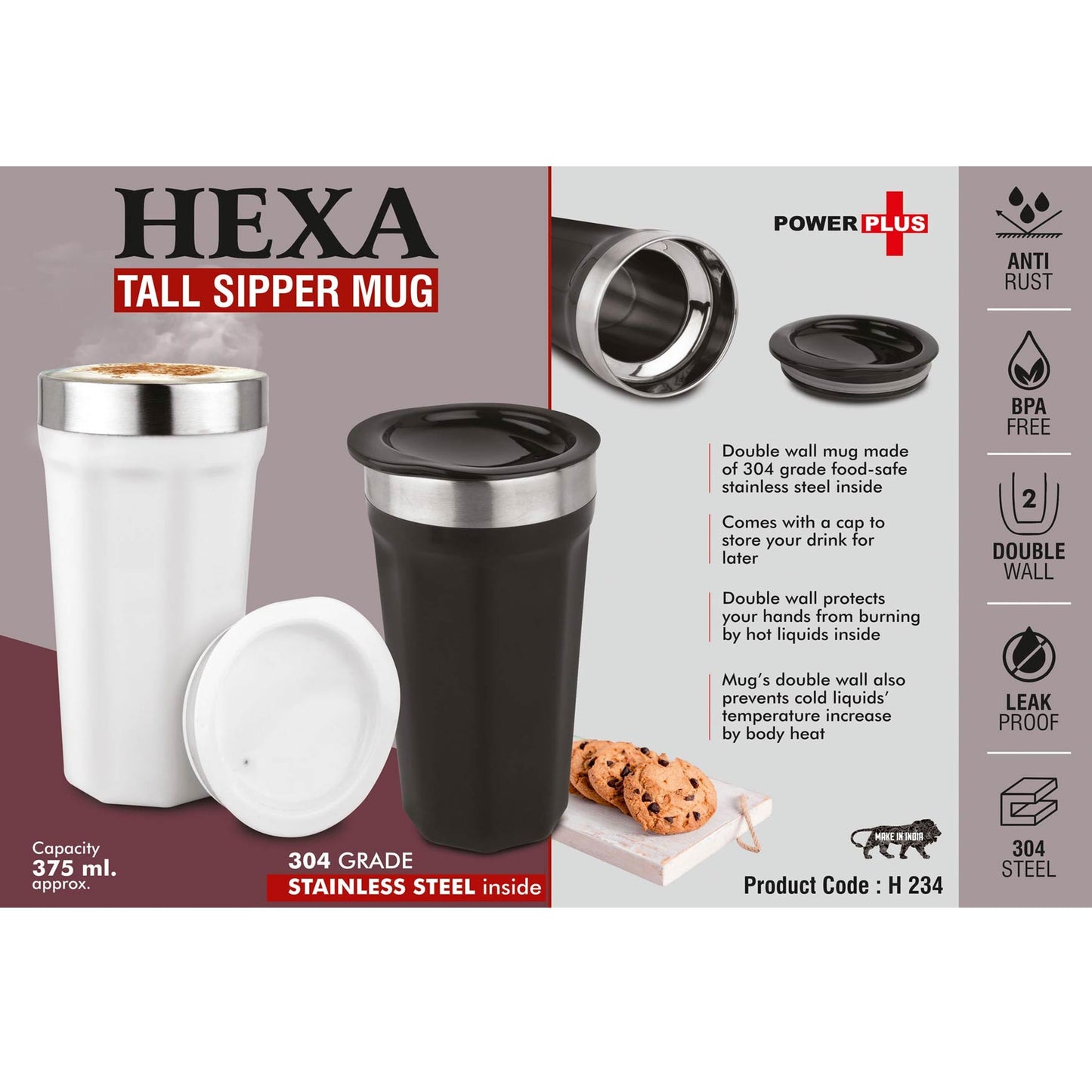 Hexa : Tall sipper mug | 304 grade Stainless steel inside | Capacity 375ml approx - H 234