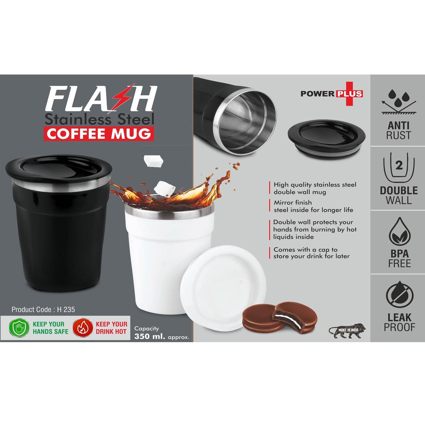 Flash: Stainless Steel Coffee mug | 4 panel design | Leakproof | Capacity 350ml approx - H 235
