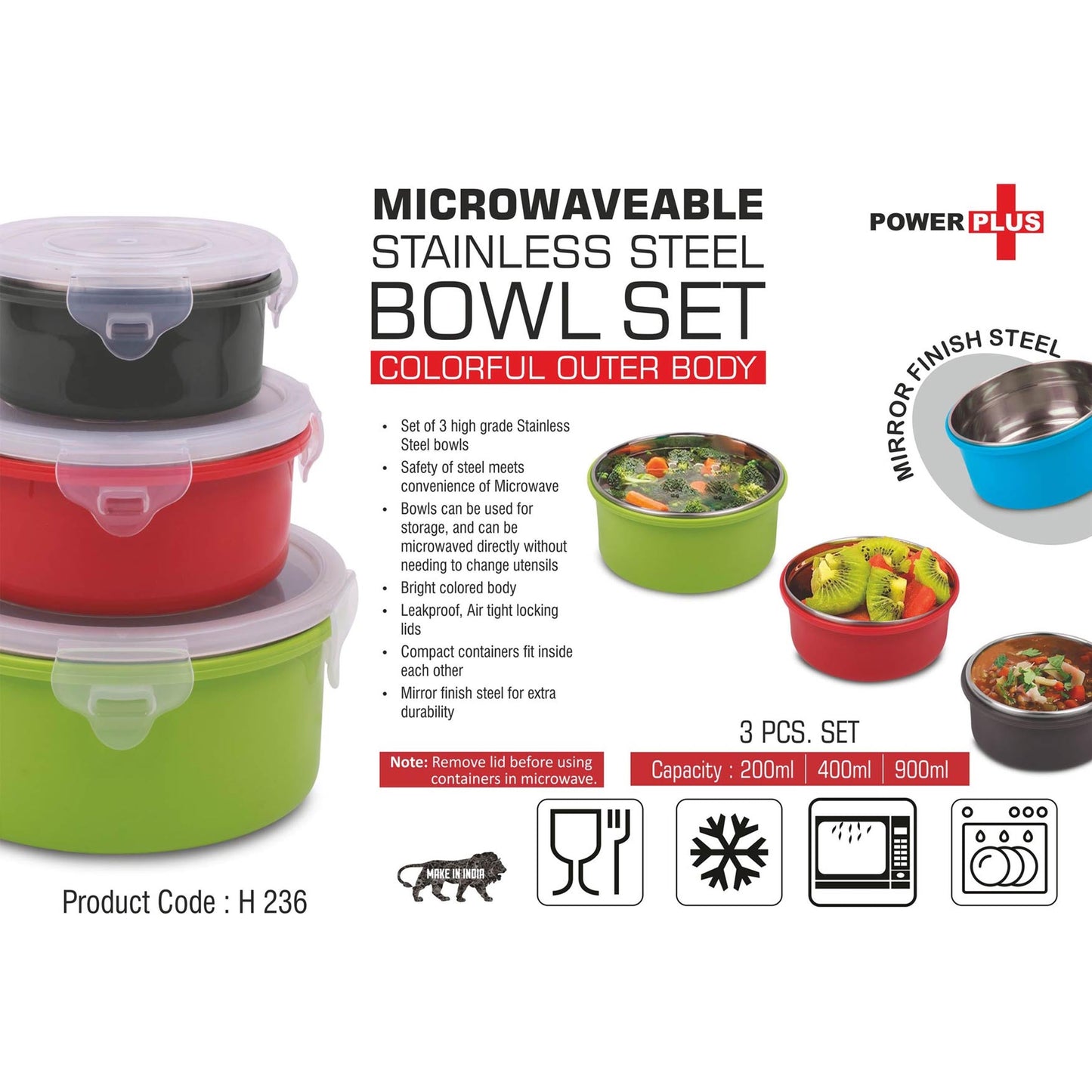3 pc Microwaveable Stainless Steel Bowl set | Colorful outer body | Capacity: 200, 400 and 900ml - H 236
