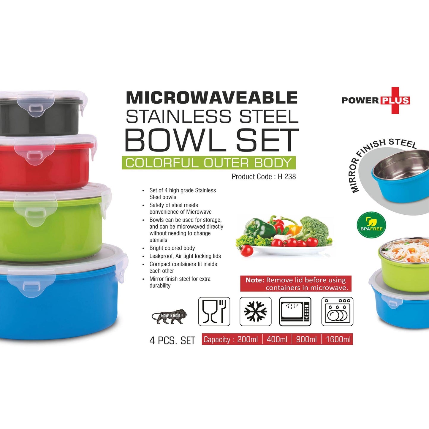 4 pc Microwaveable Stainless Steel Bowl set | Colorful outer body | Capacity: 200, 400, 900 and 1600 ml - H 238
