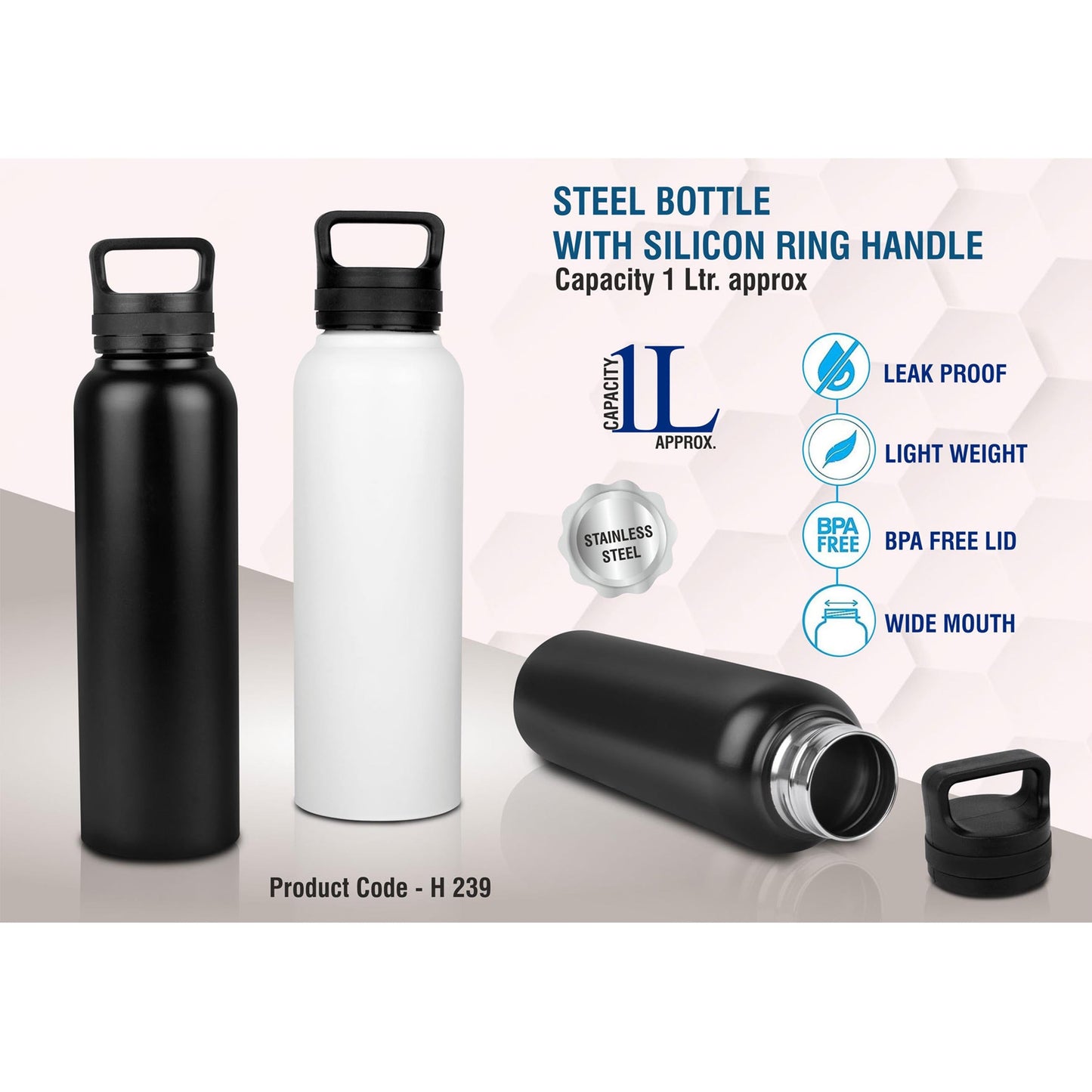 Steel bottle with silicon ring handle | Capacity 1000 ml approx - H 239