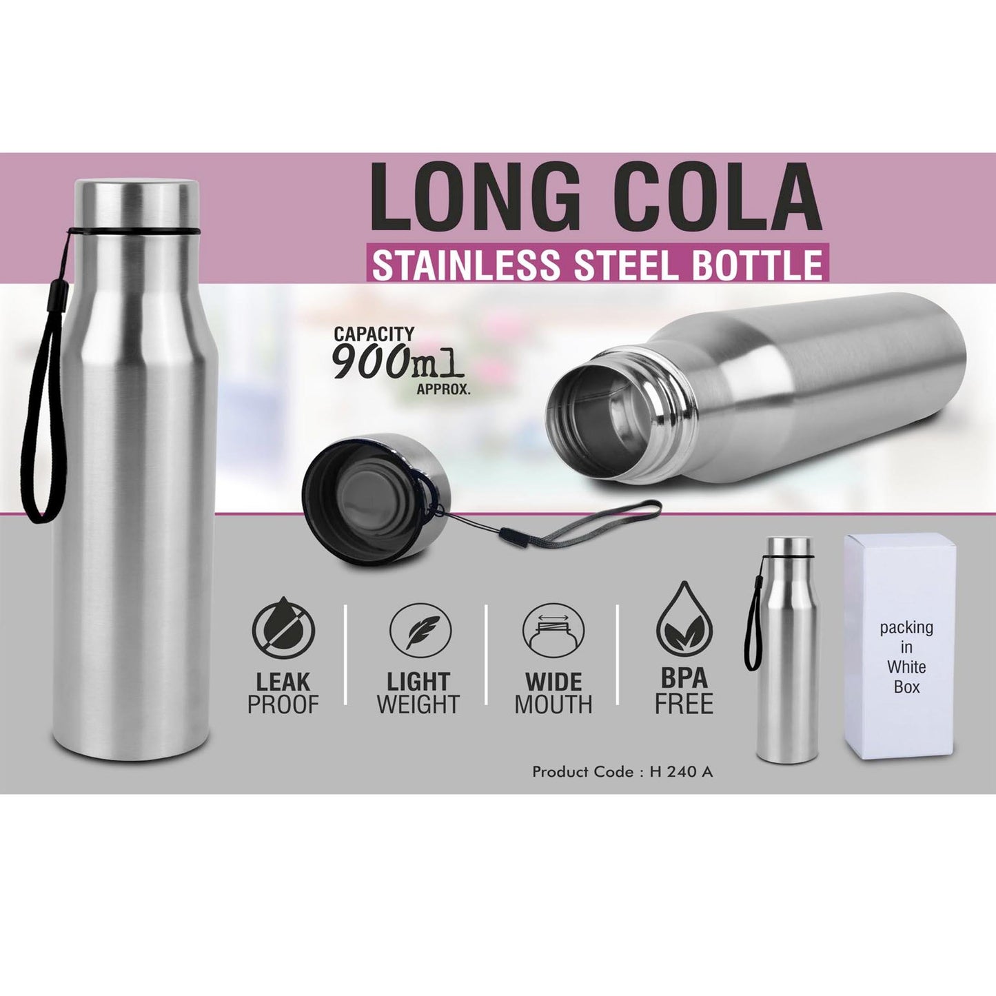 Long cola stainless steel bottle with carry strap | Capacity 900ml approx - H 240A