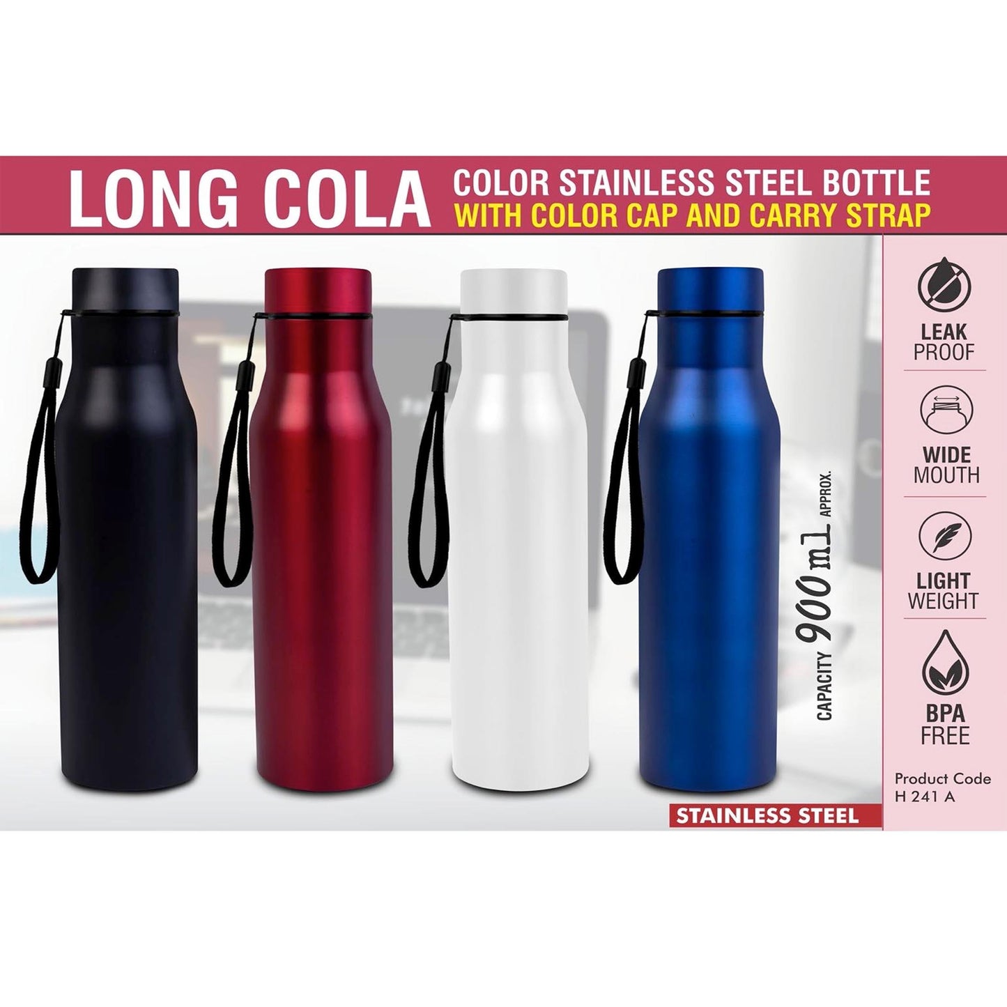 Long Cola Colored Stainless steel bottle | With Colored Cap & Carry strap | Capacity 900ml approx - H 241A