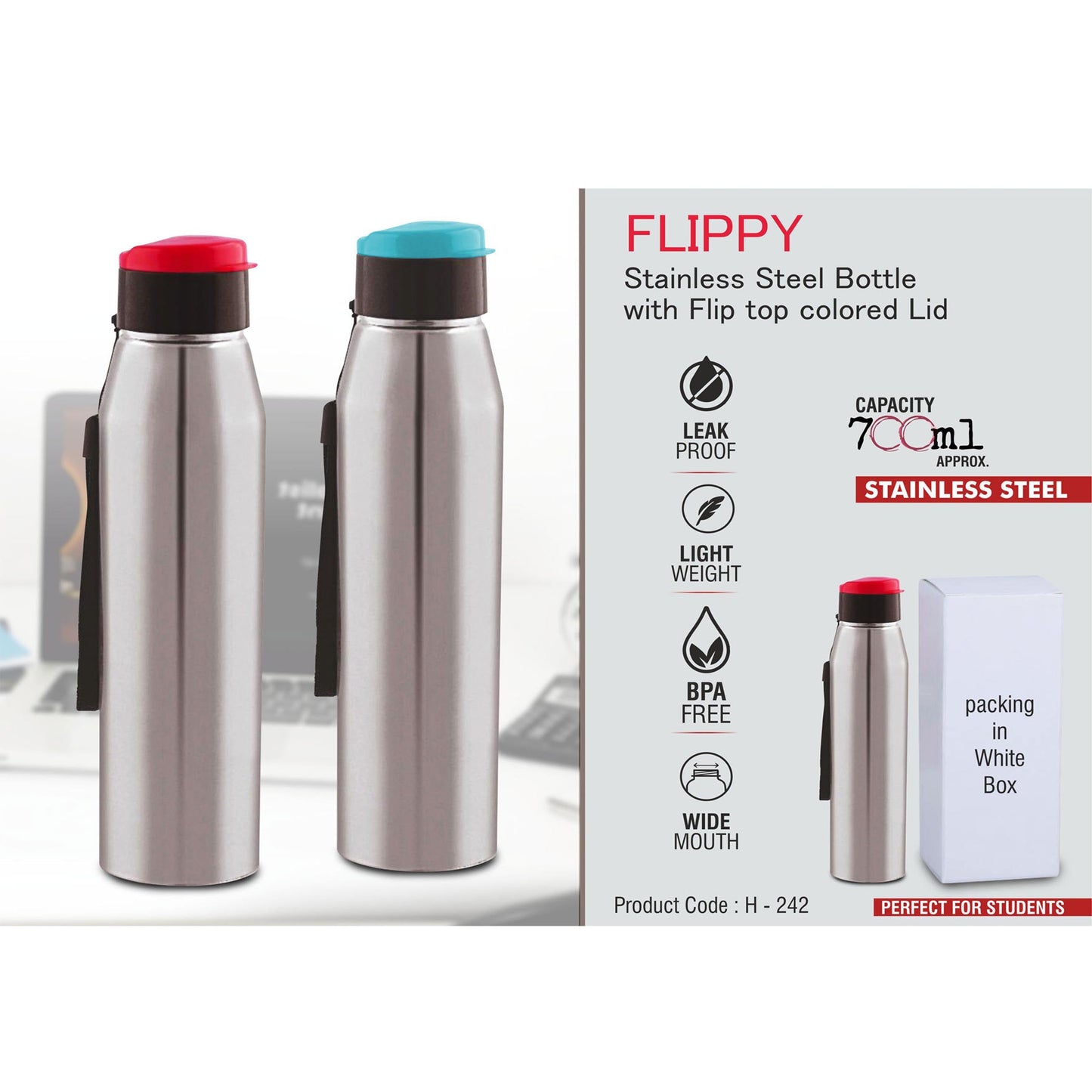 Flippy Stainless steel bottle with flip top colored lid | Capacity 700ml approx - H 242