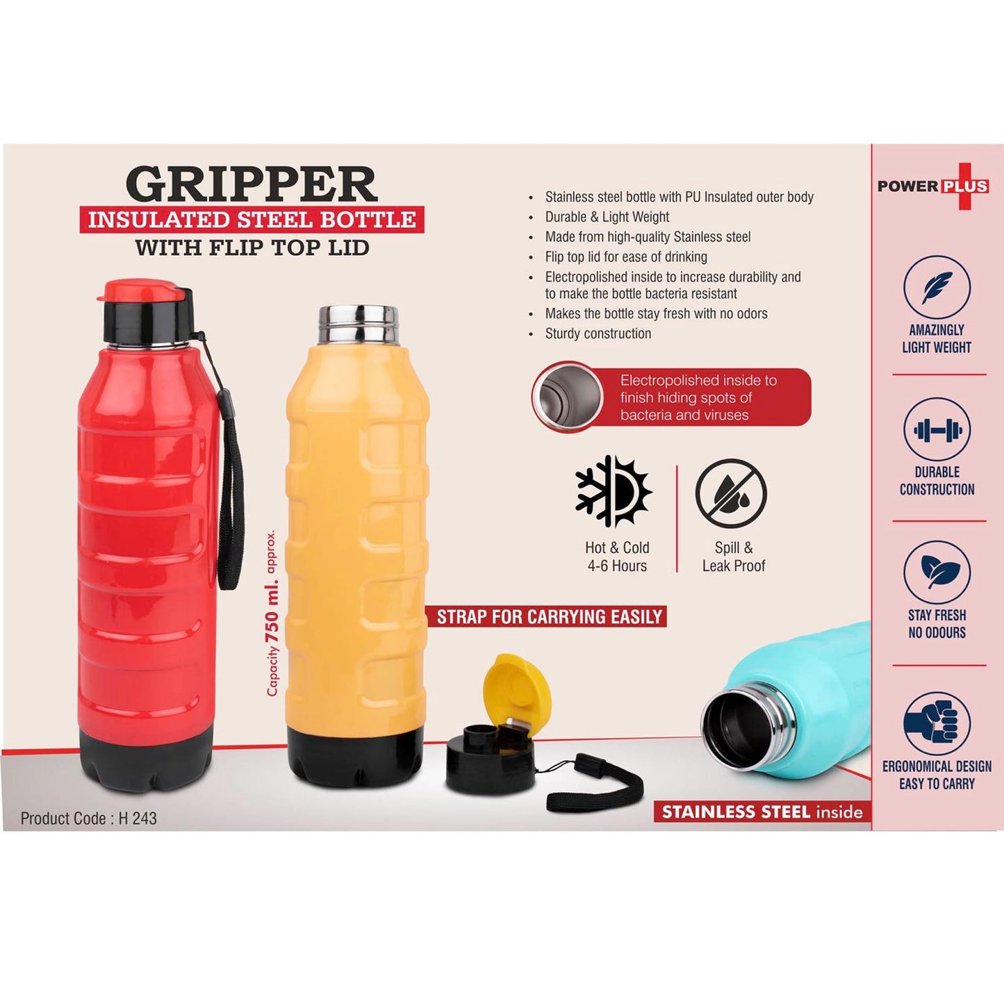 Gripper: Insulated Steel Bottle with Flip top lid | Keeps Hot & Cold for 4-6 Hours | Strap for Carrying easily | Capacity 750 ml approx - H 243