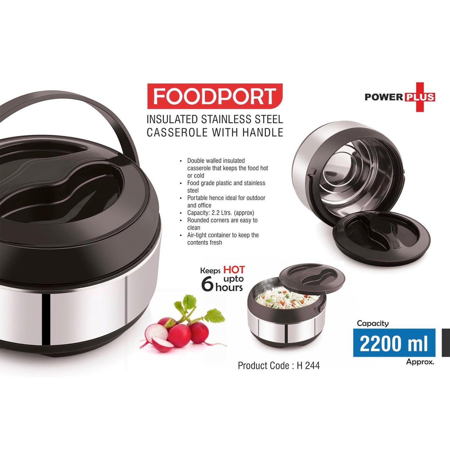 Foodport: Insulated Stainless Steel casserole with handle | Keeps hot for upto 6 hours | Capacity 2200ml approx - H 244