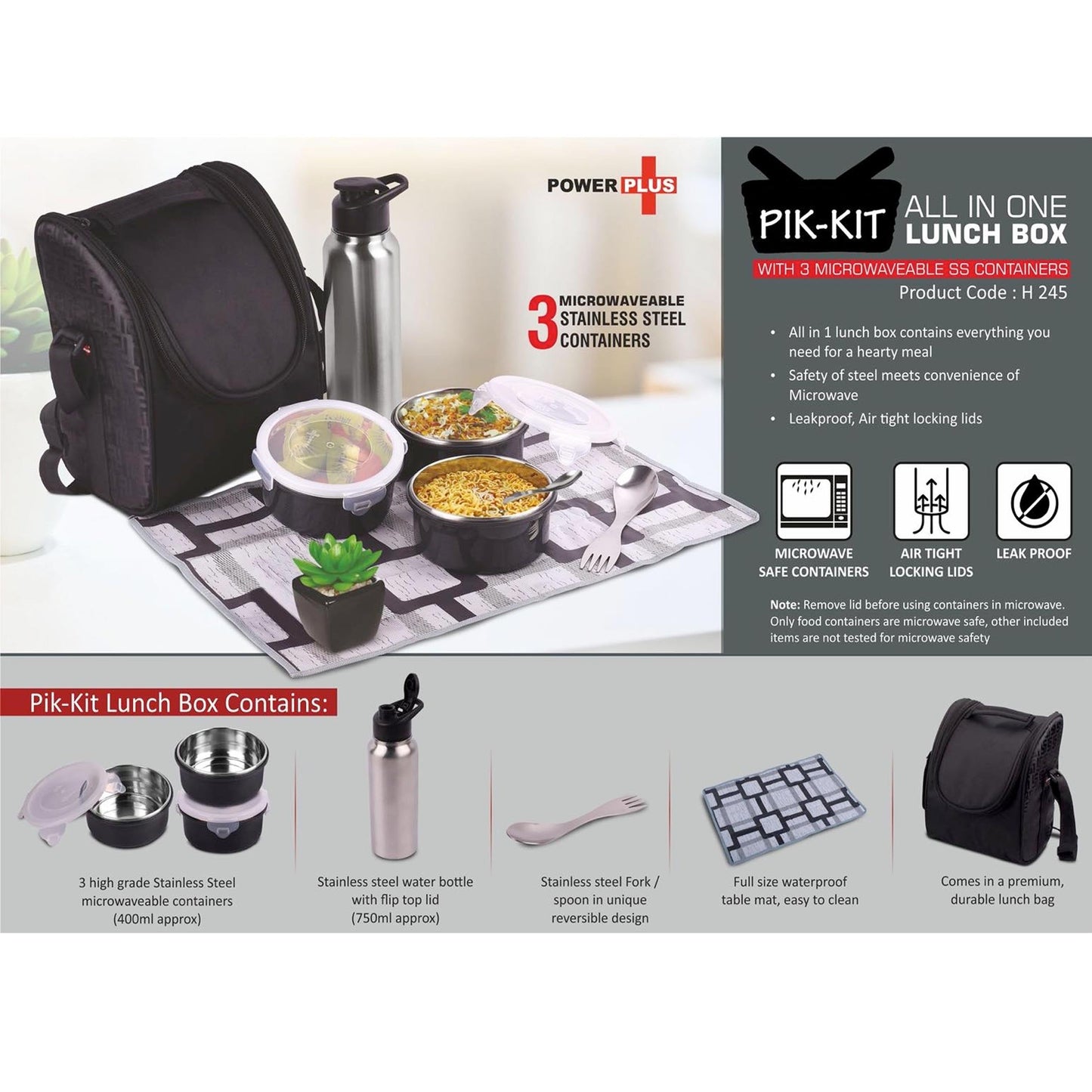 PIK-KIT: All in 1 Lunch box with 3 Microwaveable SS containers | Contains SS bottle, Fork, Spoon, Tablemat, Premium Bag - H 245