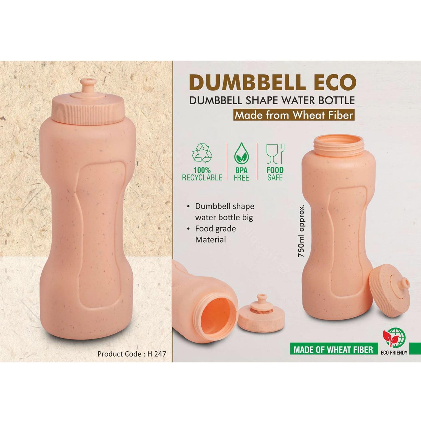Dumbbell Eco 750: Dumbbell shape water bottle | Made from Wheat Fiber | 100% recyclable | 750ml approx - H 247
