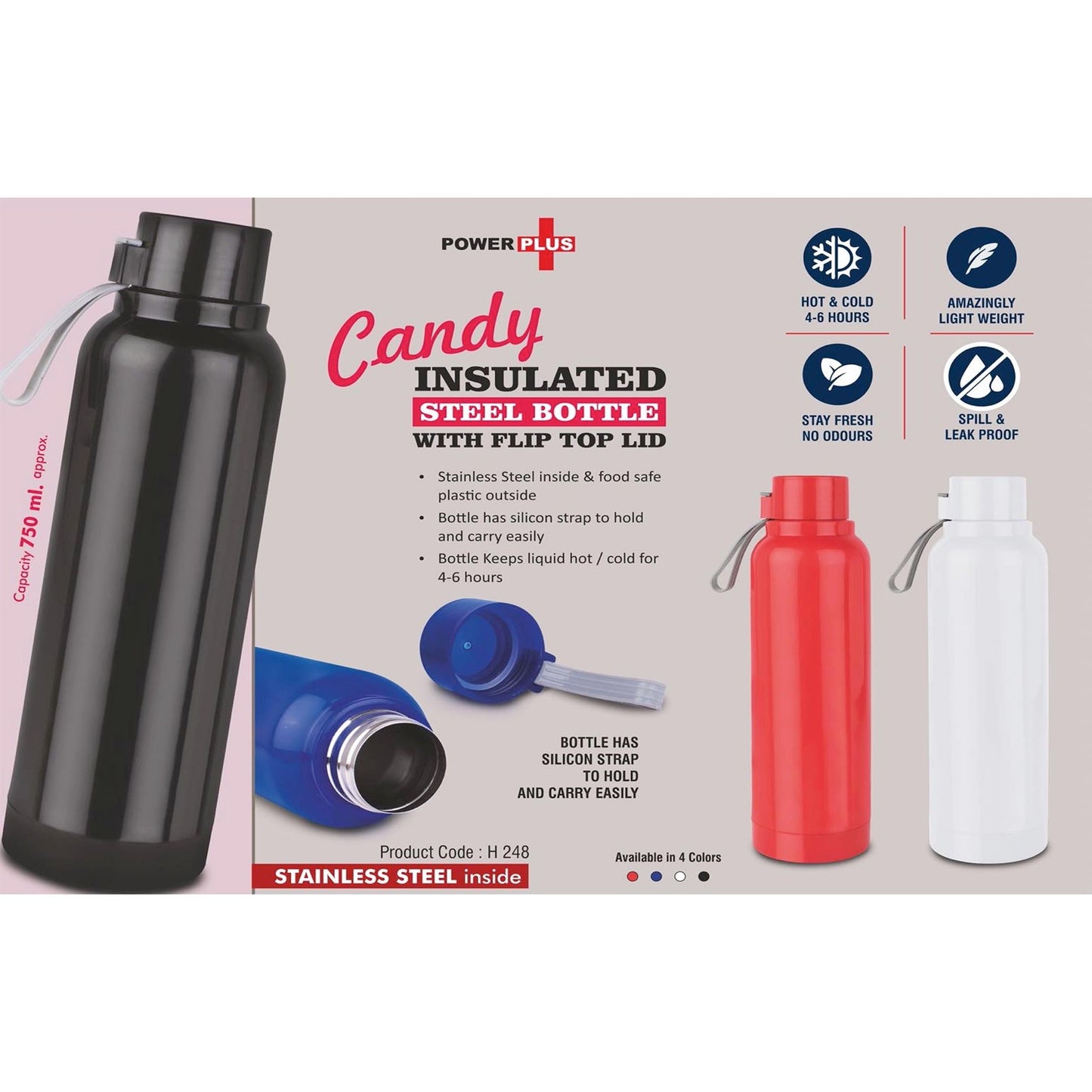 Candy: Insulated Steel Bottle with Flip top lid | Keeps Hot & Cold for 4-6 Hours | Strap for Carrying easily | Capacity 750 ml approx - H 248