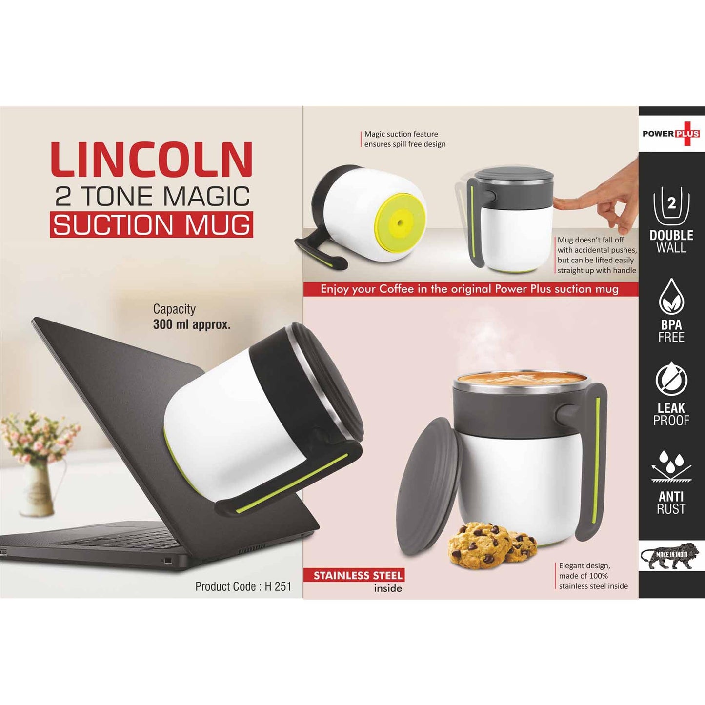 Lincoln : 2 Tone Magic Suction Mug with Stainless inside | Leak proof | BPA Free | Capacity 300 ml approx - H 251