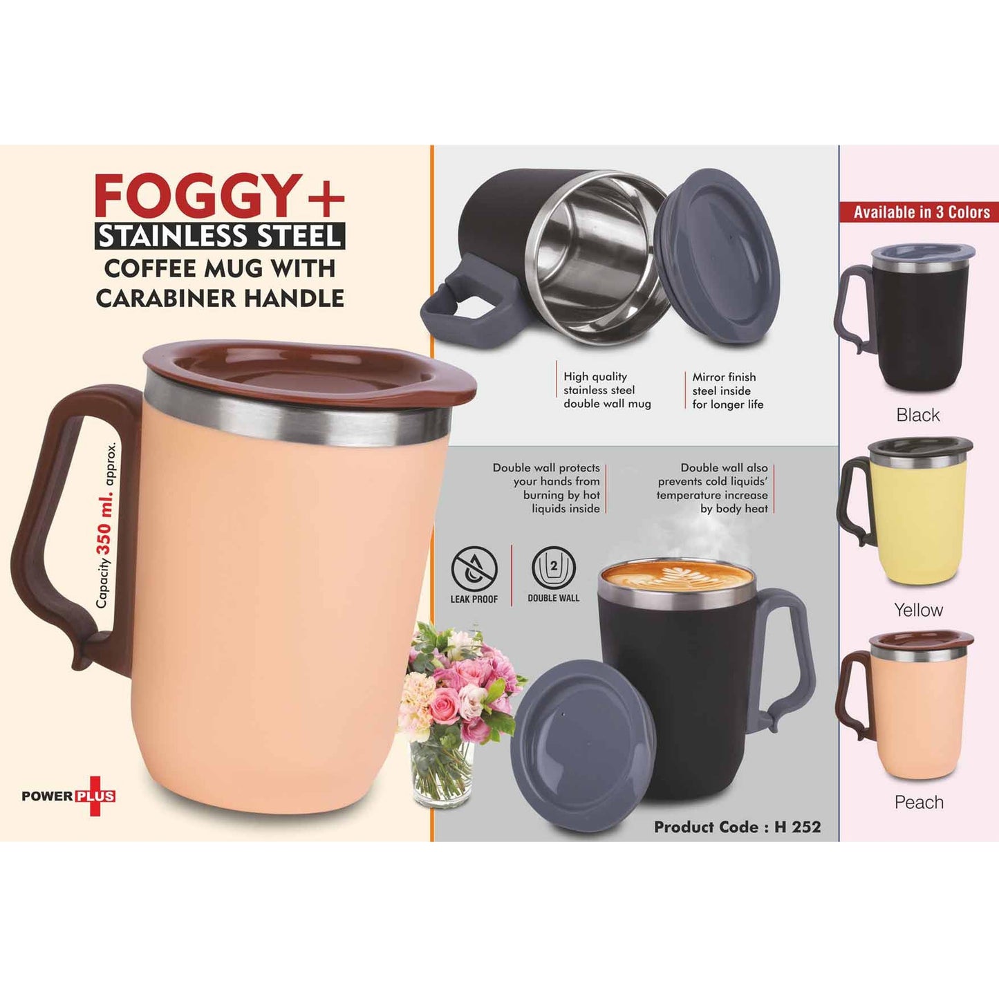 Foggy+ Stainless Steel coffee mug with Carabiner Handle | Leakproof Cap | Capacity 350ml approx - H 252