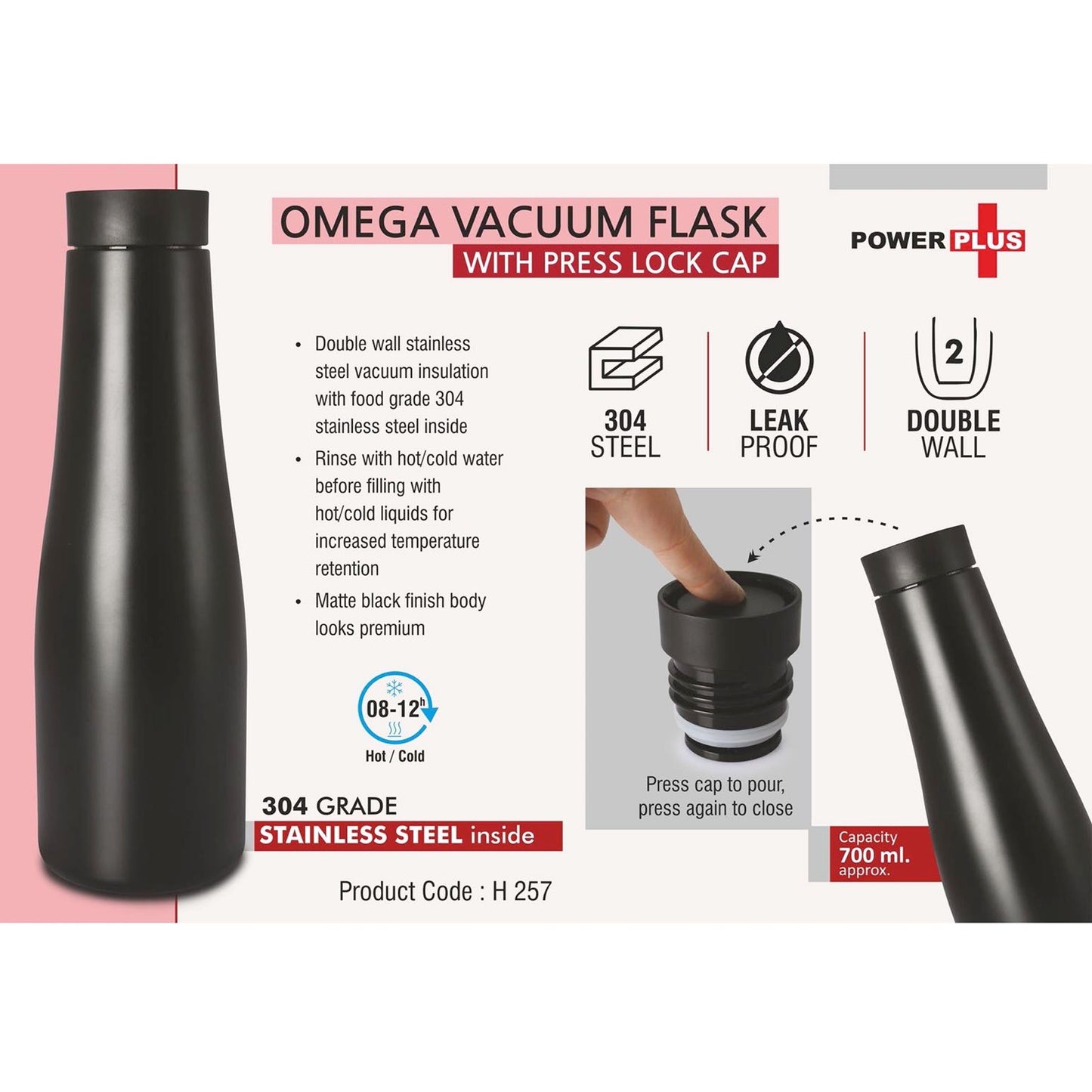 Omega Vacuum Flask with Press lock cap | Capacity 700 ml approx | Made of 304 grade steel - H 257