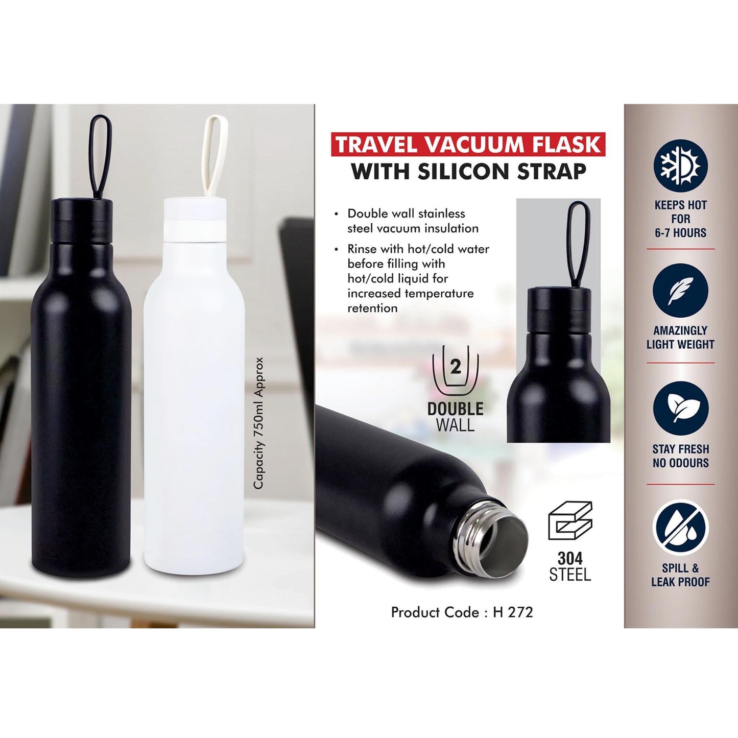 Travel Vacuum Flask with Silicon Strap | 304 Grade Steel | Capacity 750ml Approx- H 272
