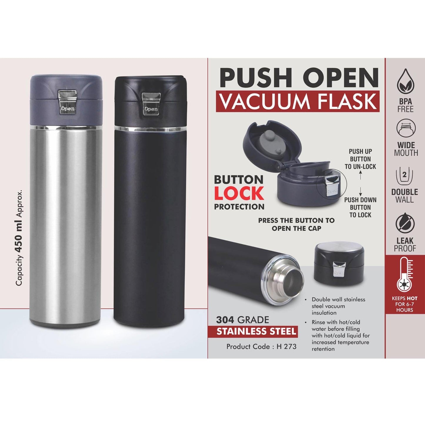 Push open Vacuum Flask with Button lock protection | 304 Grade Steel | Keeps hot for 6-7 hours | Capacity 450ml Approx - H 273
