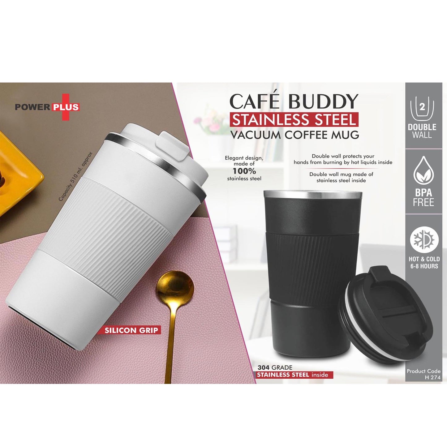 Cafe Buddy: Stainless Steel Vacuum coffee mug with Silicon Grip | Premium Flip top locking cap | Capacity 510ml approx - H 274