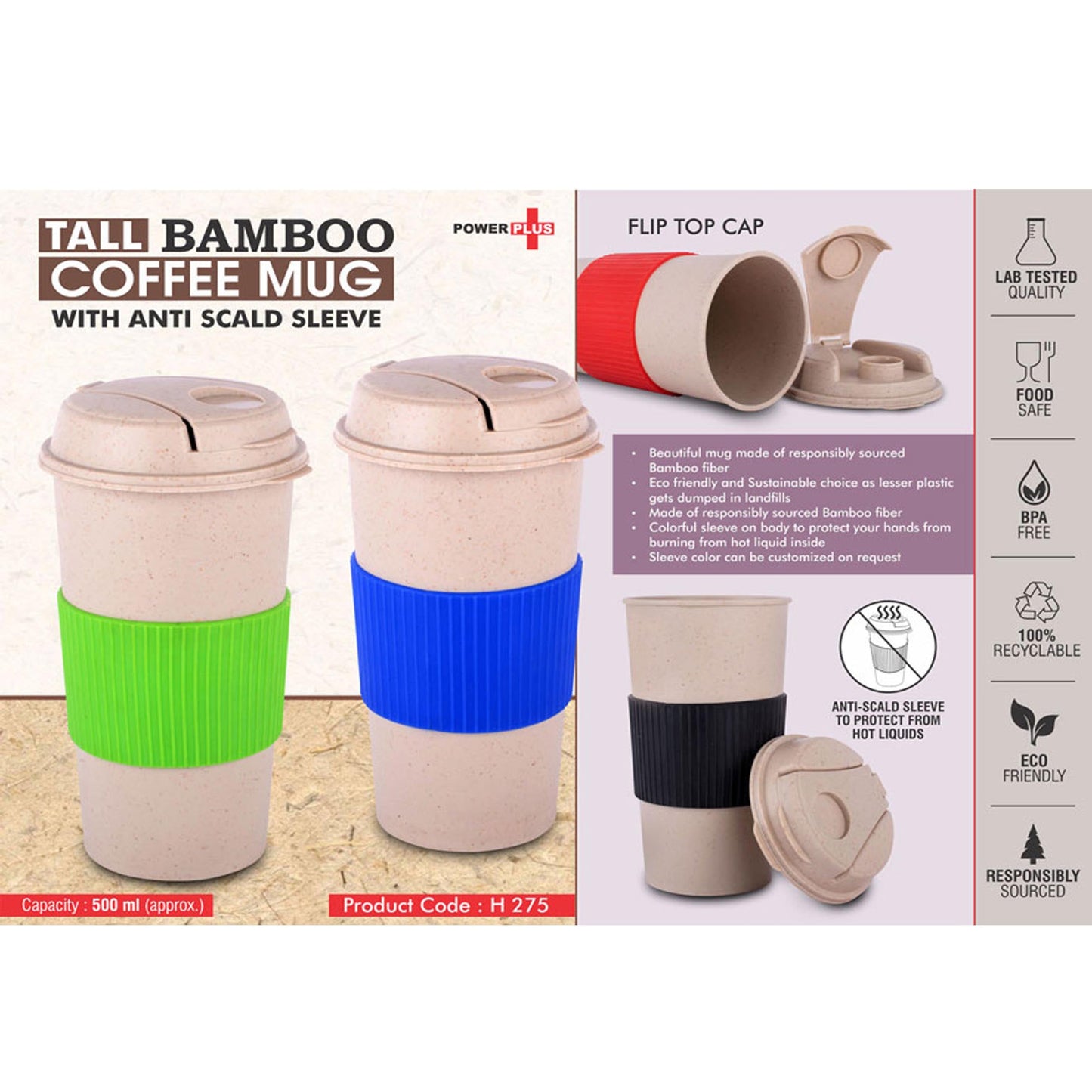 Tall Bamboo Coffee mug: Eco friendly mug with flip top Lid and Anti-Scald sleeve | Capacity 500 ml - H 275