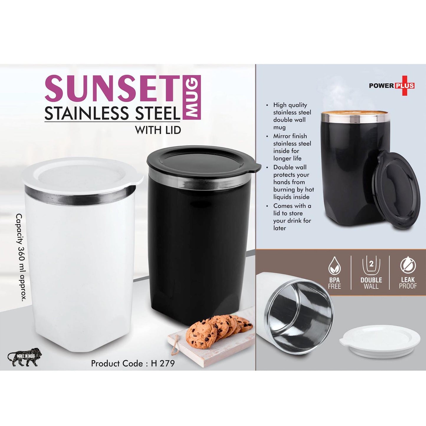 Sunset : Stainless Steel Mug with Lid | Leak proof | BPA Free | Capacity 360 ml approx - H 279