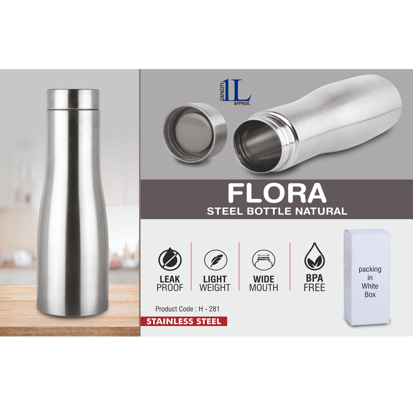Flora Steel bottle Natural | Capacity 1L approx - H 281