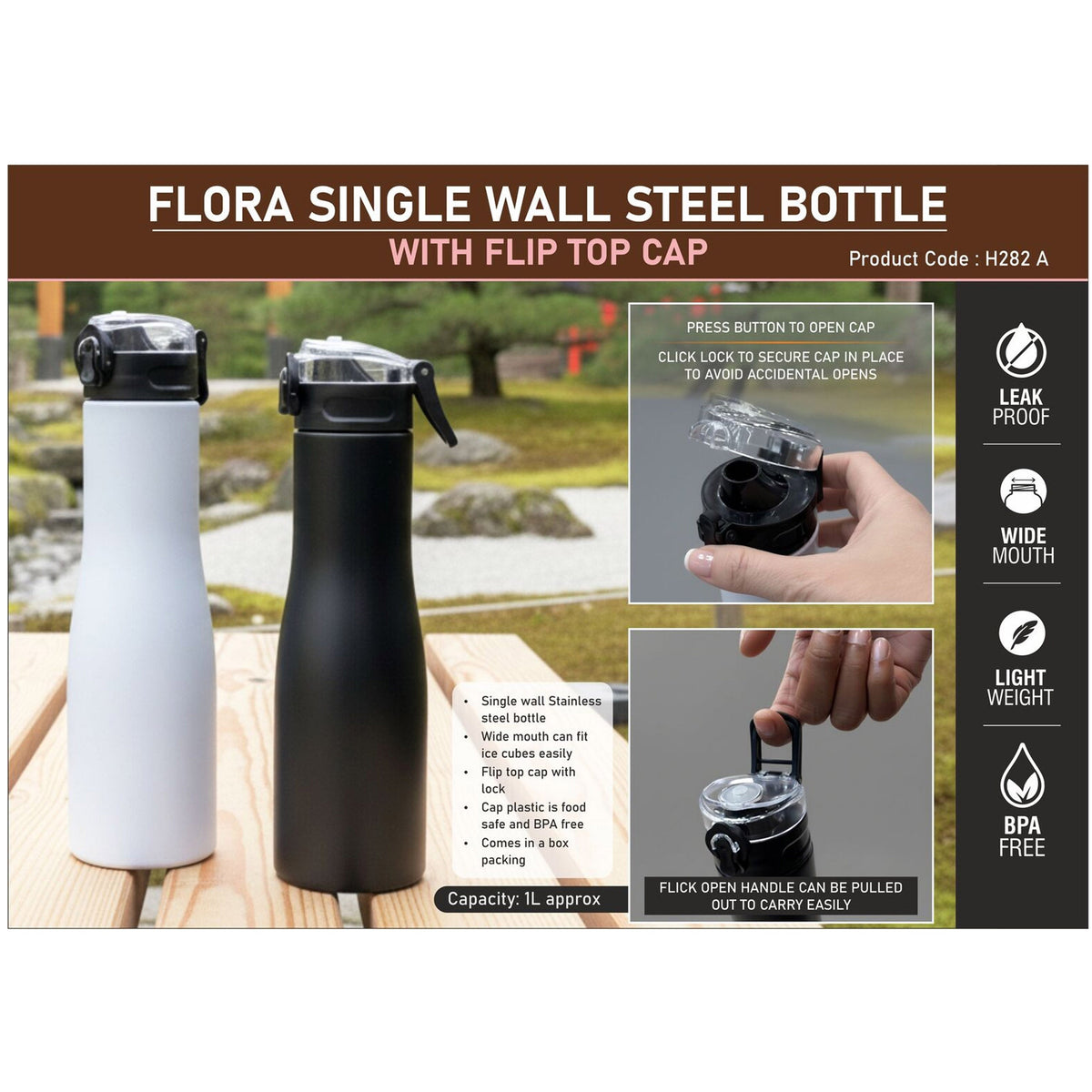 Power Plus - Flora Single Wall Steel Bottle, Coloured with Flip Top Cap - H 282A