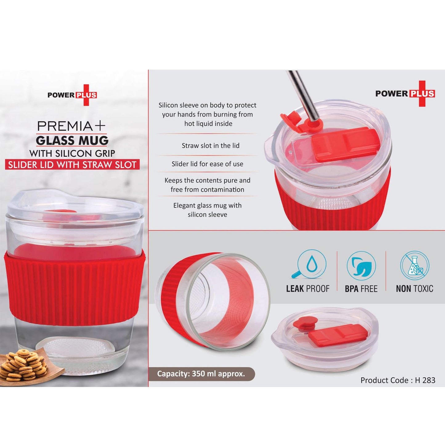 Premia+ Glass mug with Silicon Grip | Slider Lid with Straw slot | Capacity 350 ml approx - H 283