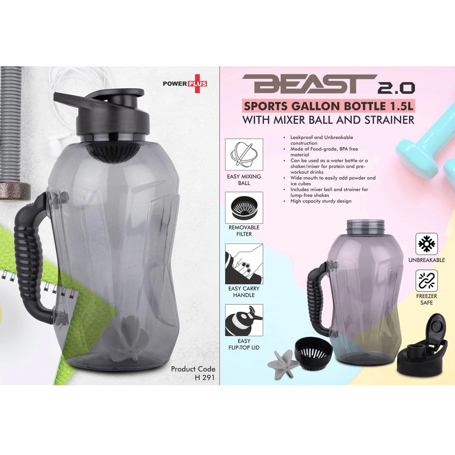 Beast 2.0 Sports gallon bottle 1.5 L with mixer ball and strainer (Unbreakable, Freezer safe) - H 291
