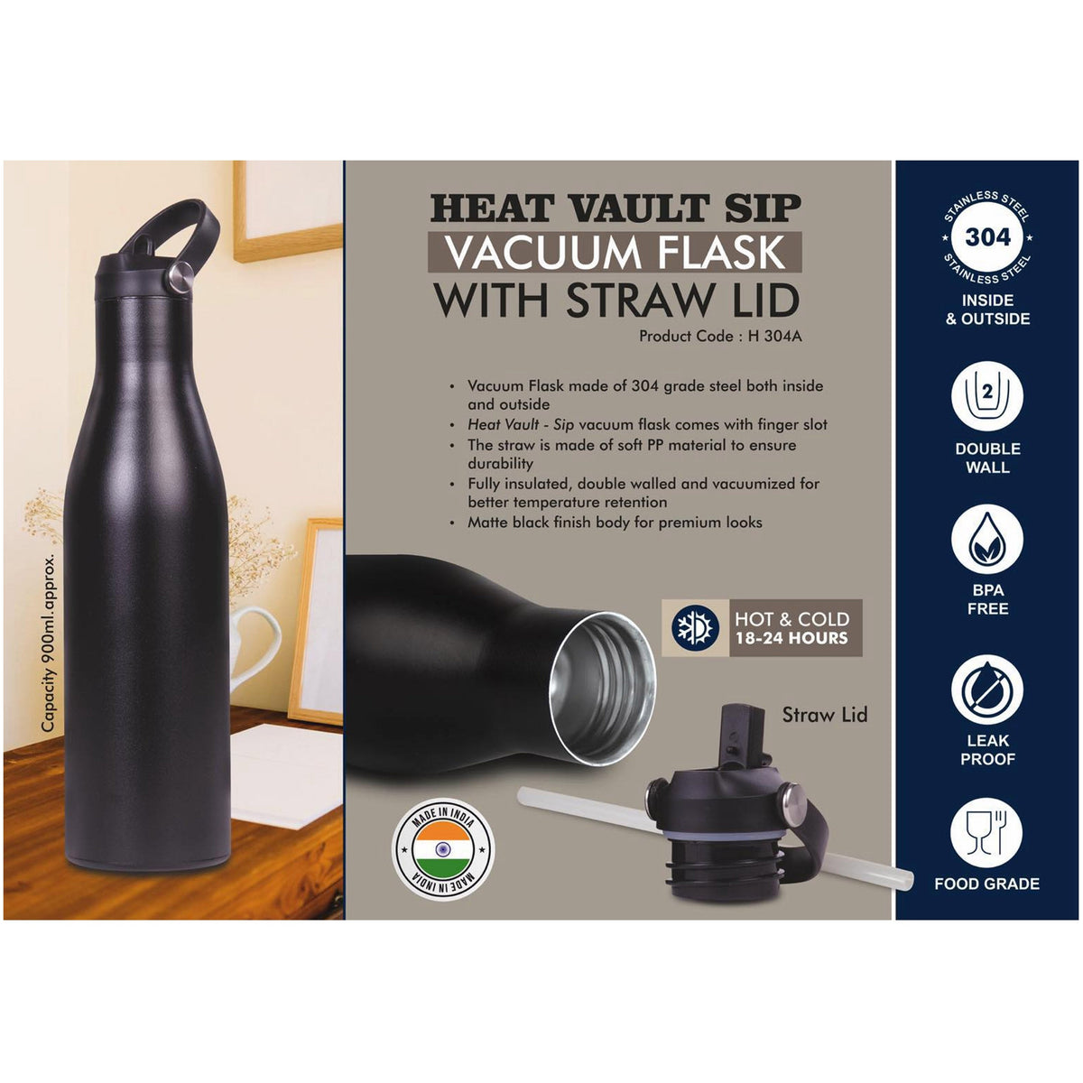 Power Plus - Heat Vault Sip 900 ml Vacuum Flask with Straw Lid - H 304A
