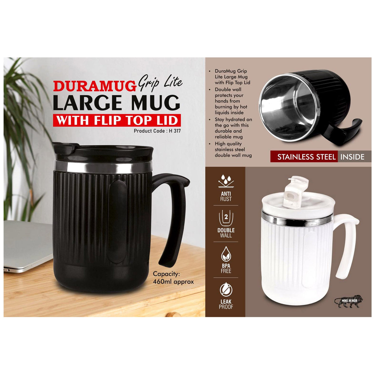 Power Plus - Dura Grip Lite Large Mug with Flip Top Lid - H 317