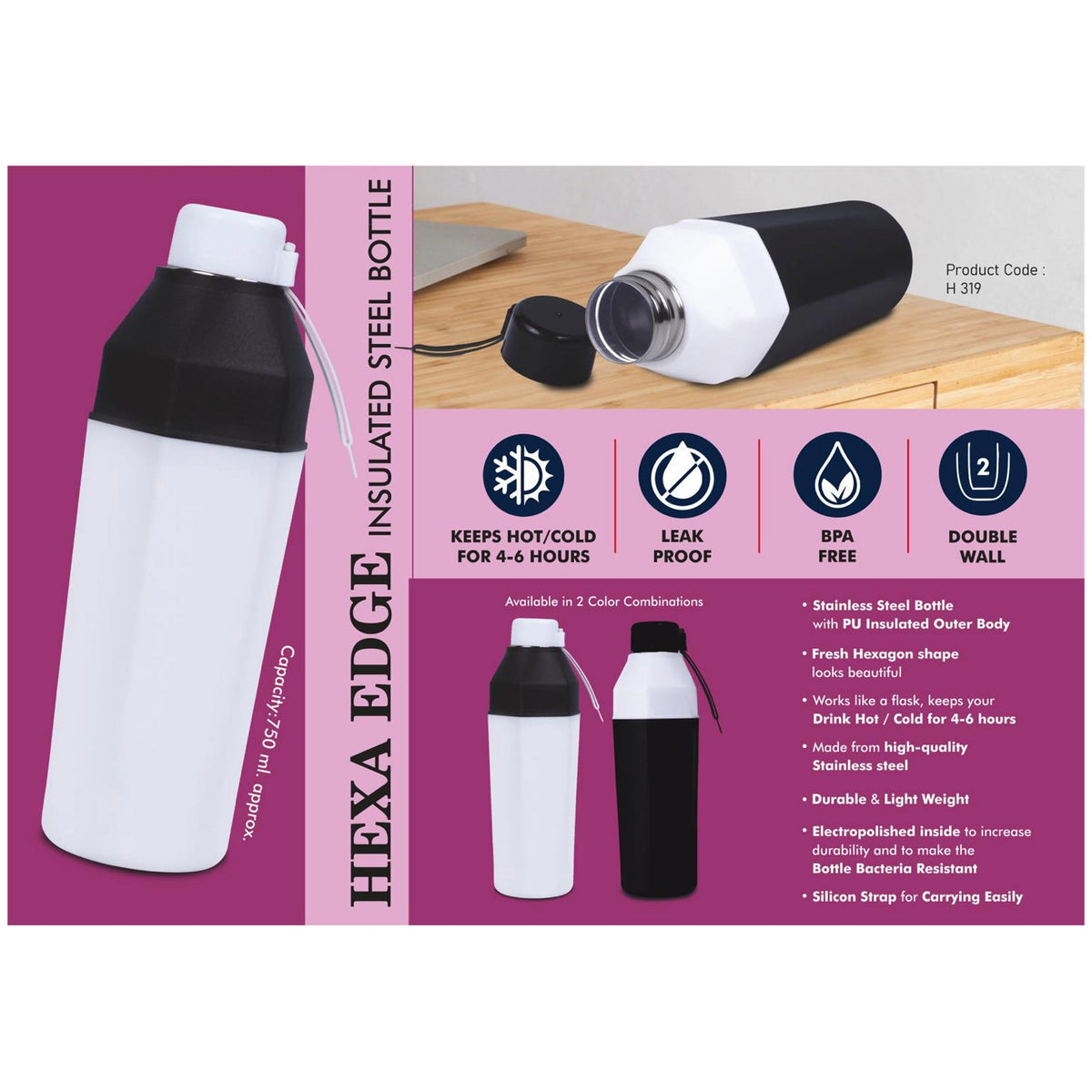 Power Plus - Hexa Edge Insulated Steel Bottle - H 319