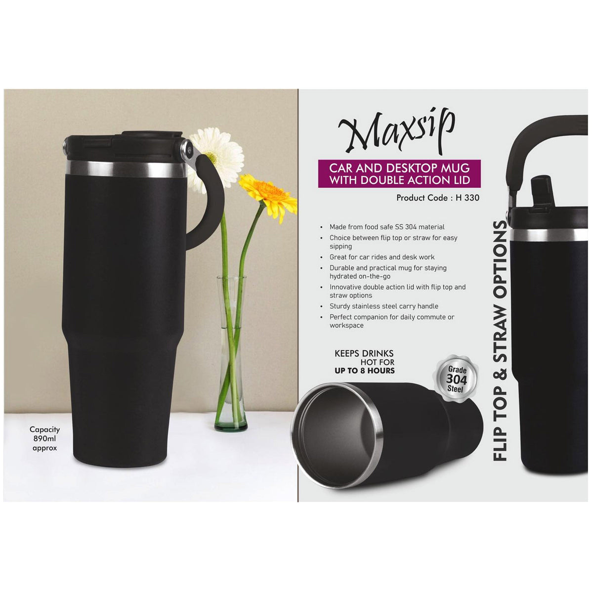 Power Plus - Maxsip Bottle with Flip Top and Straw Options - H 330