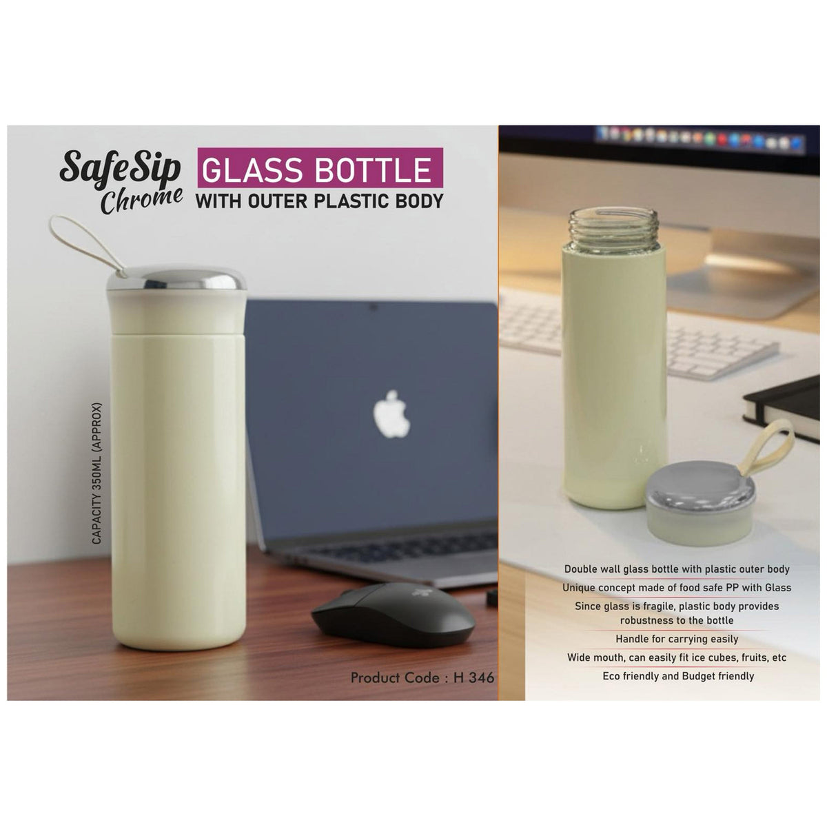 Power Plus - Safe Sip Chrome Glass Bottle - H 346