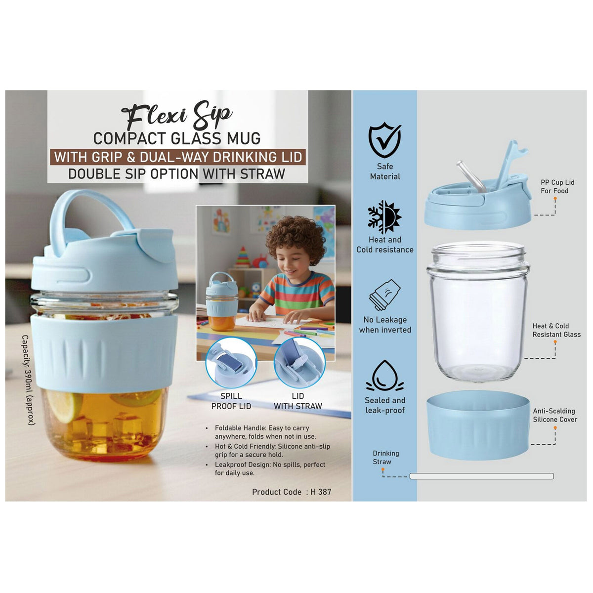 Power Plus - Flexi Sip Compact Glass Mug - H 387
