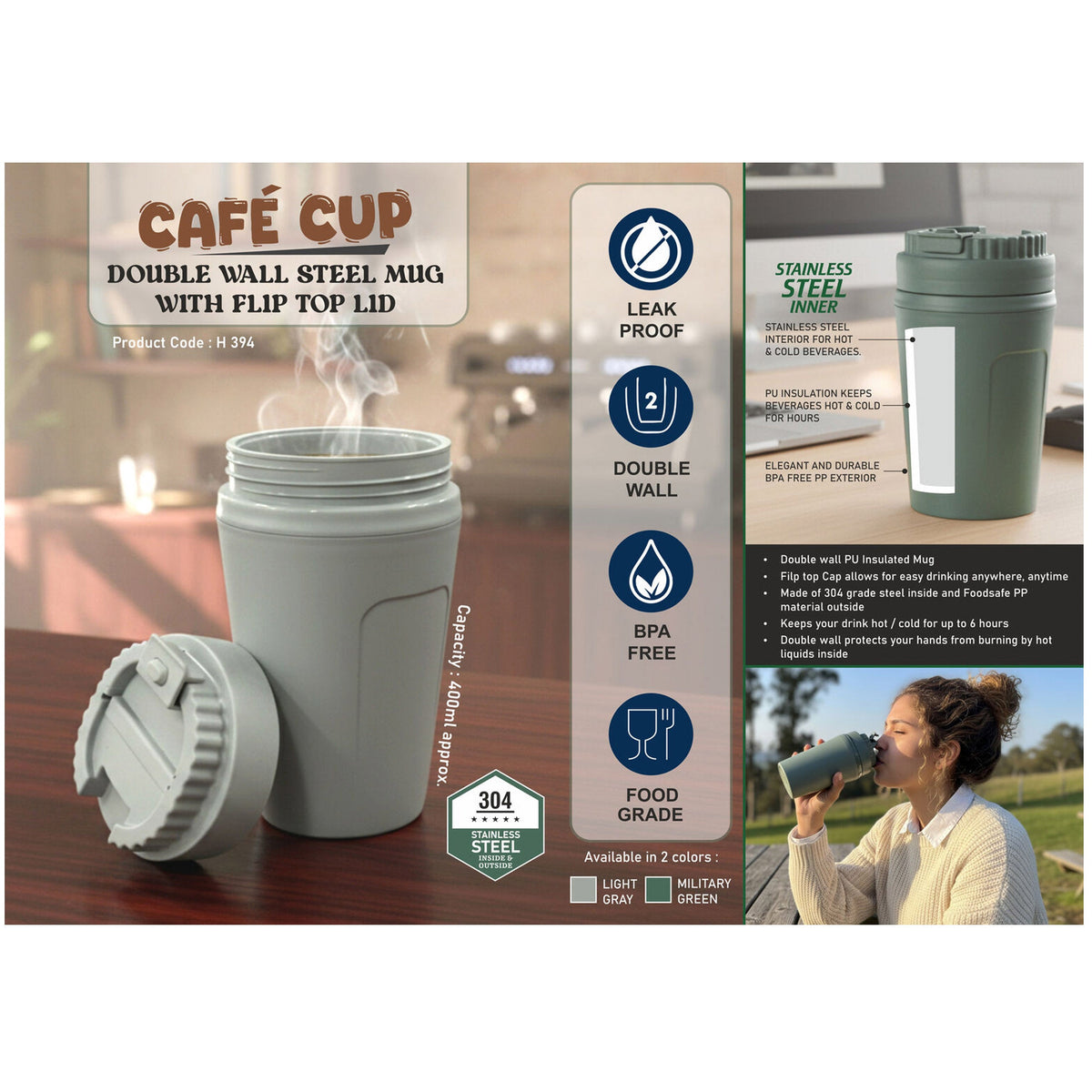 Power Plus - Cafe Cup Double Wall Steel Mug with Flip Top Lid - H 394