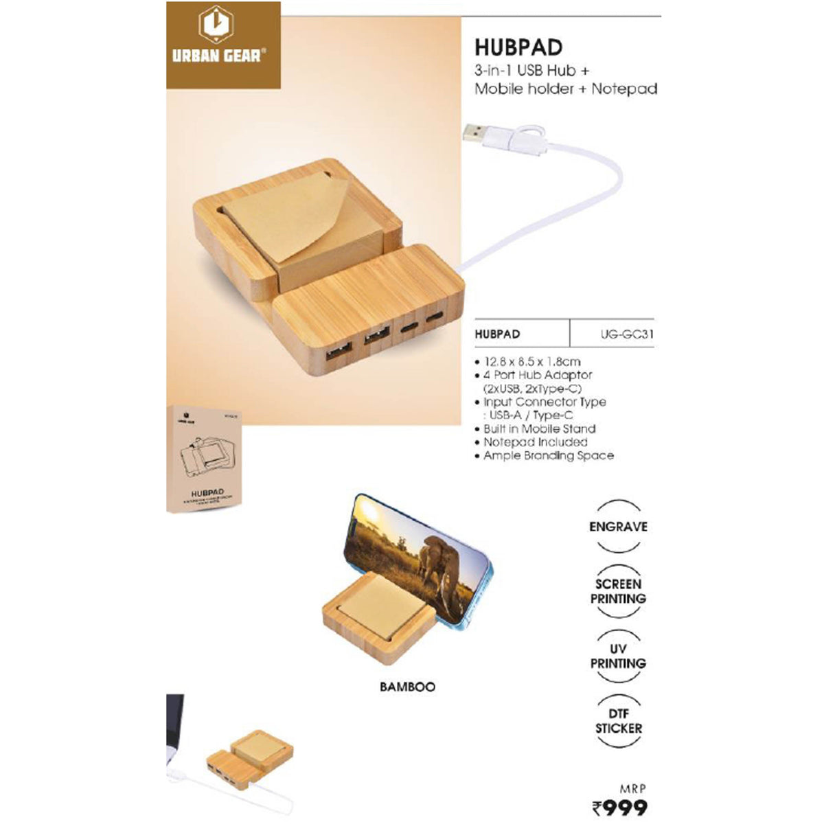 Urban Gear - Hubpad 3-in-1 USB Hub with Mobile Stand and Notepad UG-GC31