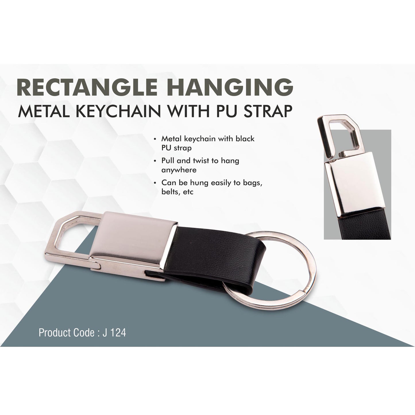 Rectangle hanging metal keychain with PU strap - J 124